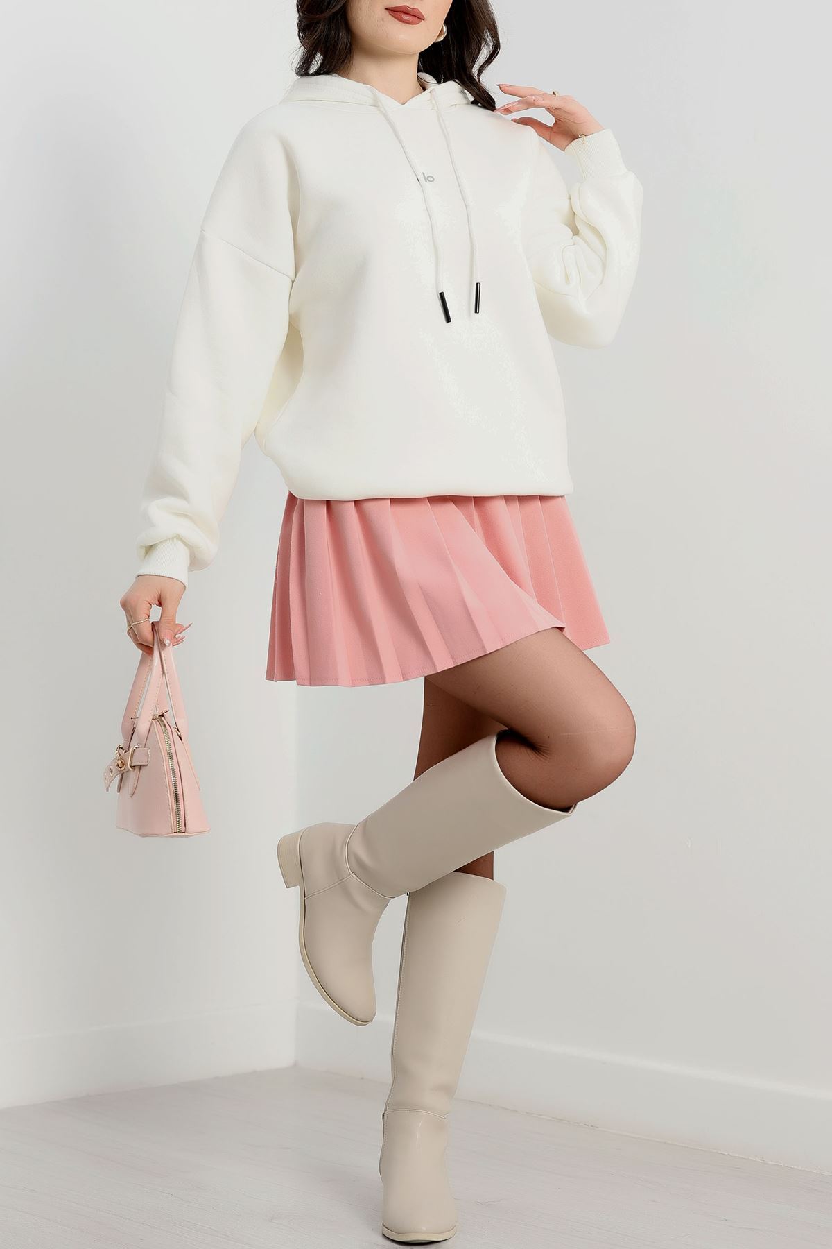 3 İplik Kapşonlu Baskılı Sweat Ekru - 42232.1878.