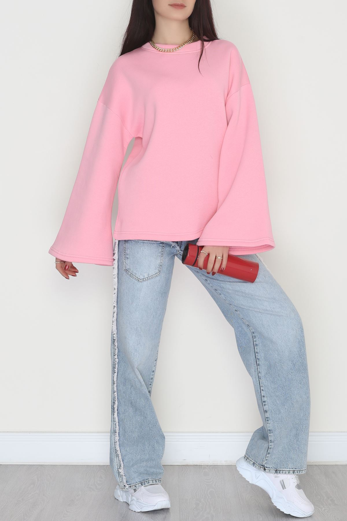 3 İplik Şardonlu İspanyol Kol Sweat Pembe - 42606.1878.