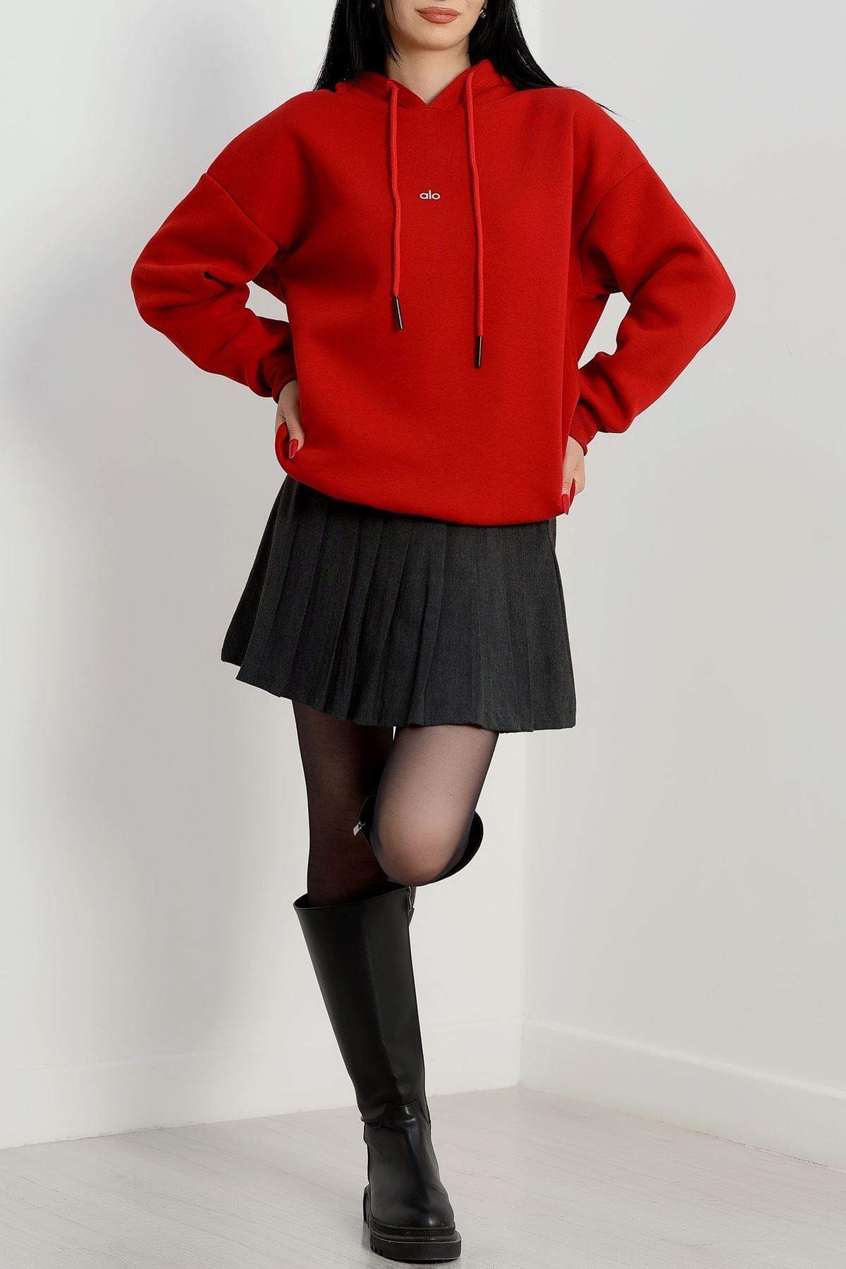 3 İplik Kapşonlu Baskılı Sweat Bordo - 42232.1878.