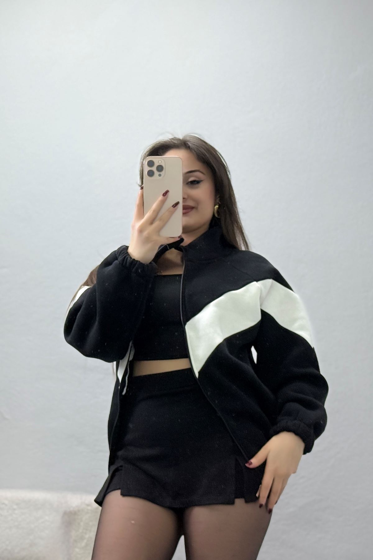 3 İplik Kompakt Oversize Fermuarlı Sweat Siyahekru - 42504.1878.