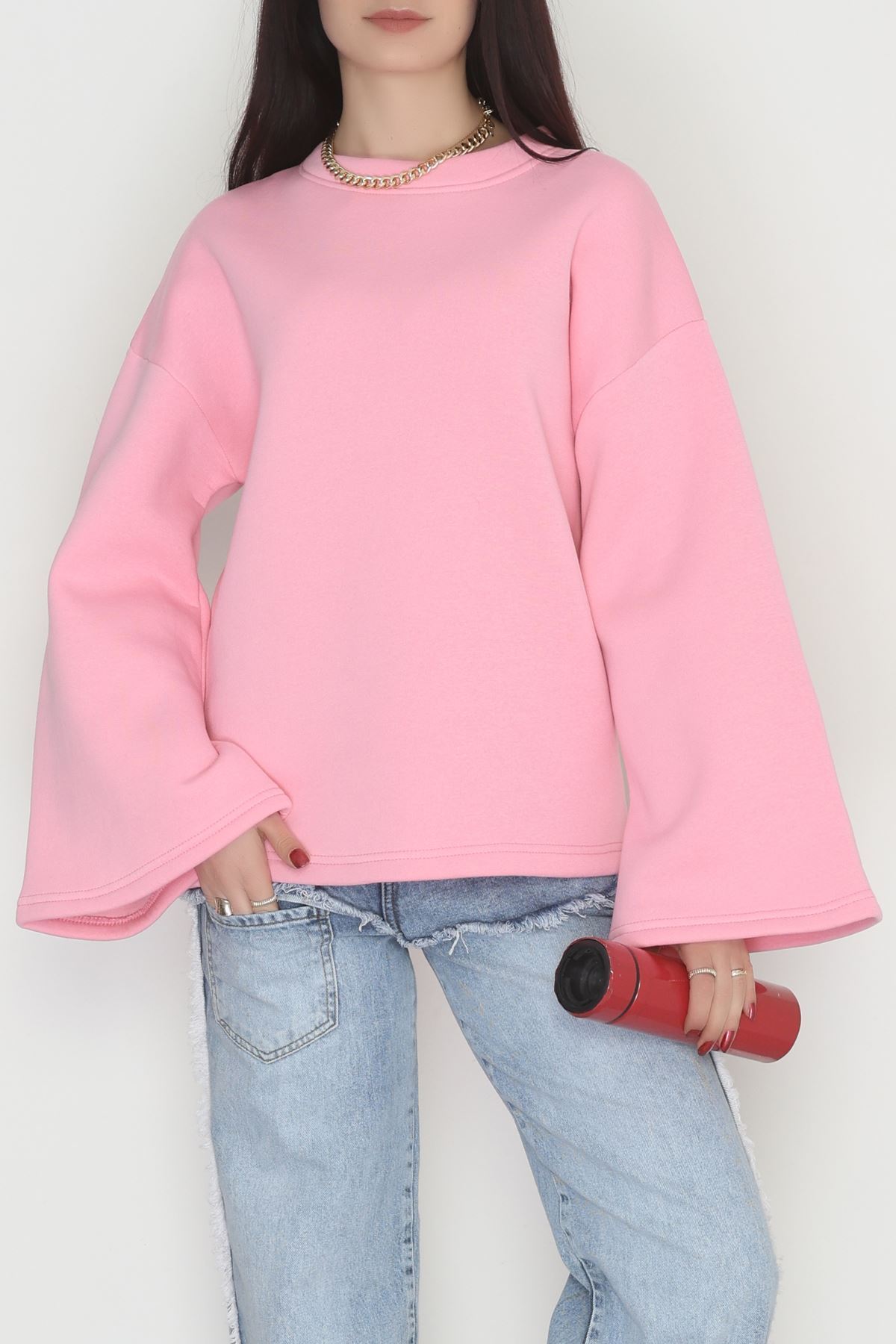 3 İplik Şardonlu İspanyol Kol Sweat Pembe - 42606.1878.