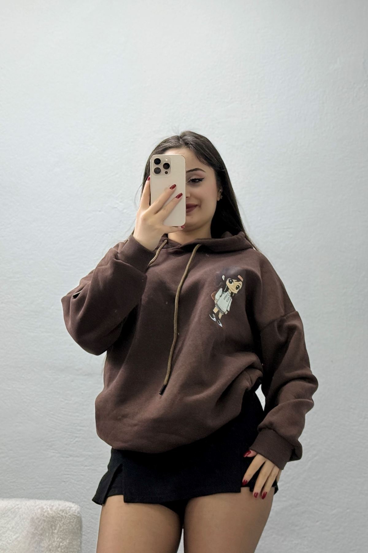 3 İplik Kapşonlu Baskılı Sweat Kahve - 42222.1878.