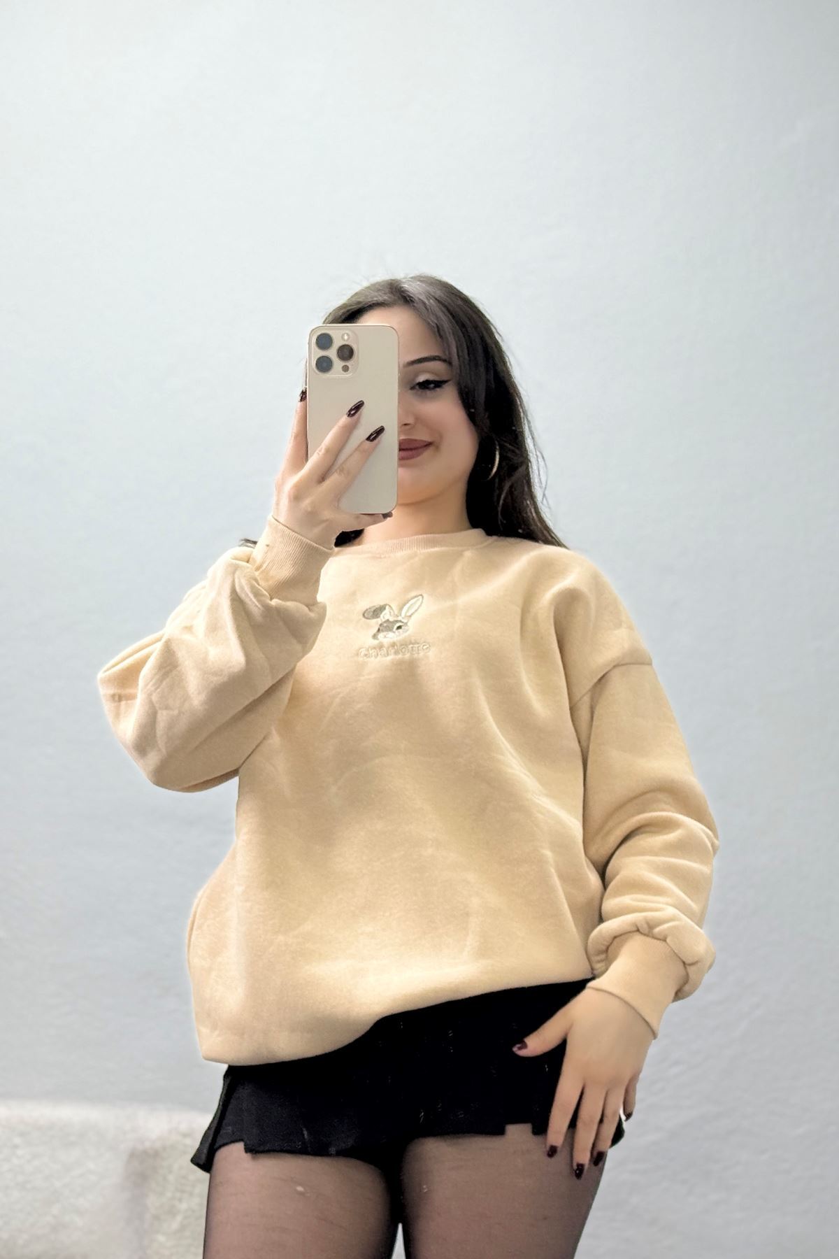 3 İplik Şardonlu Nakışlı Sweat Bej - 42608.1878.