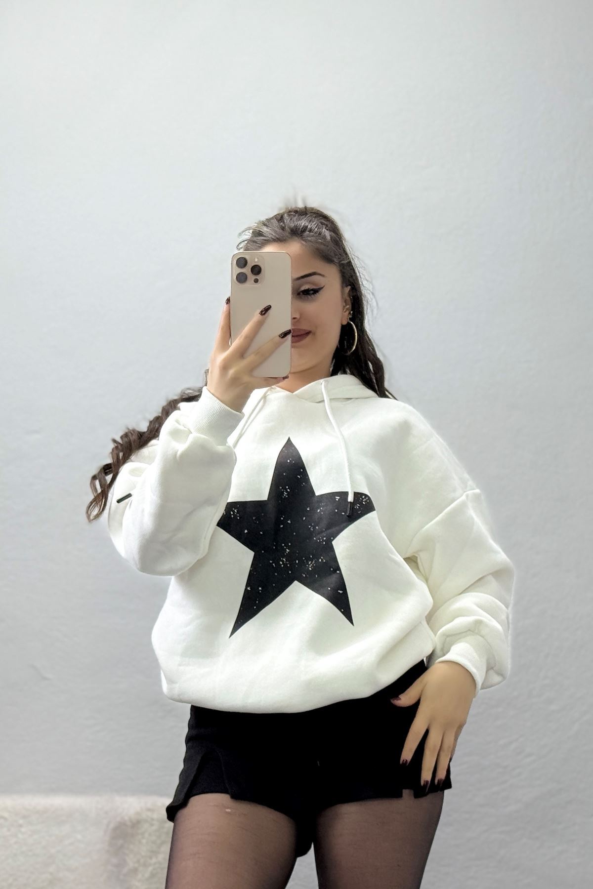 3 İplik Kapşonlu Baskılı Sweat Ekrusiyah - 42225.1878.