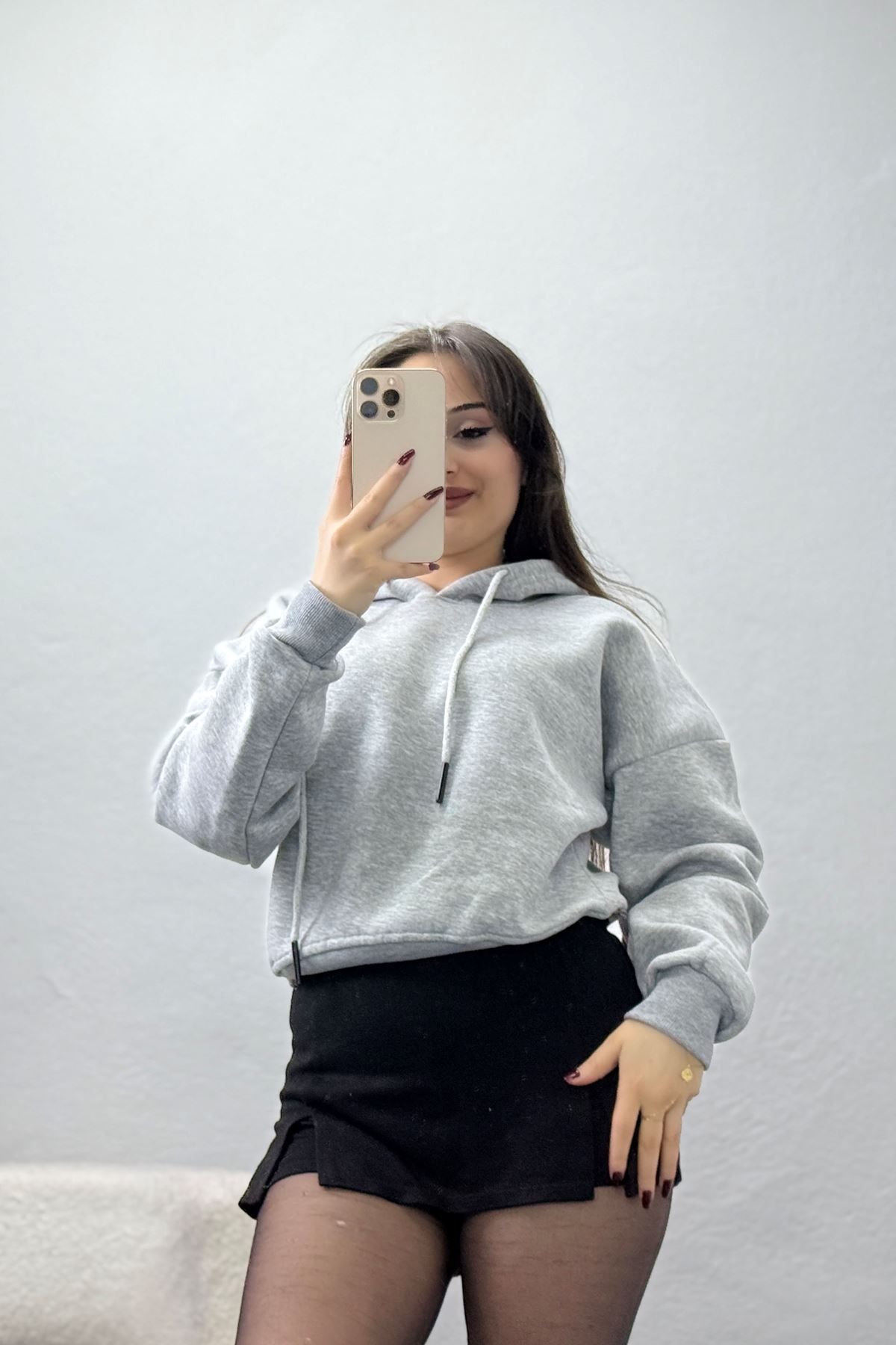 3 İplik Kapşonlu Crop Sweat Gri - 20959.1878.