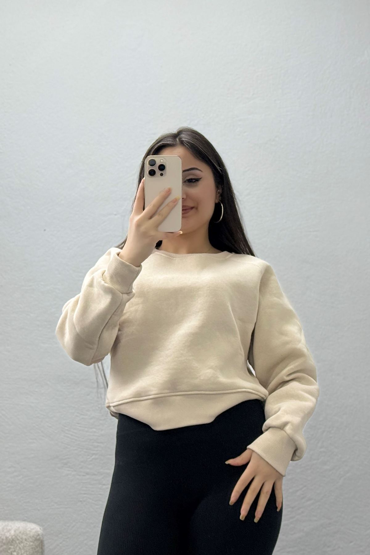 Bisiklet Yaka 3 İplik Sweat Bej - 20958.1878.