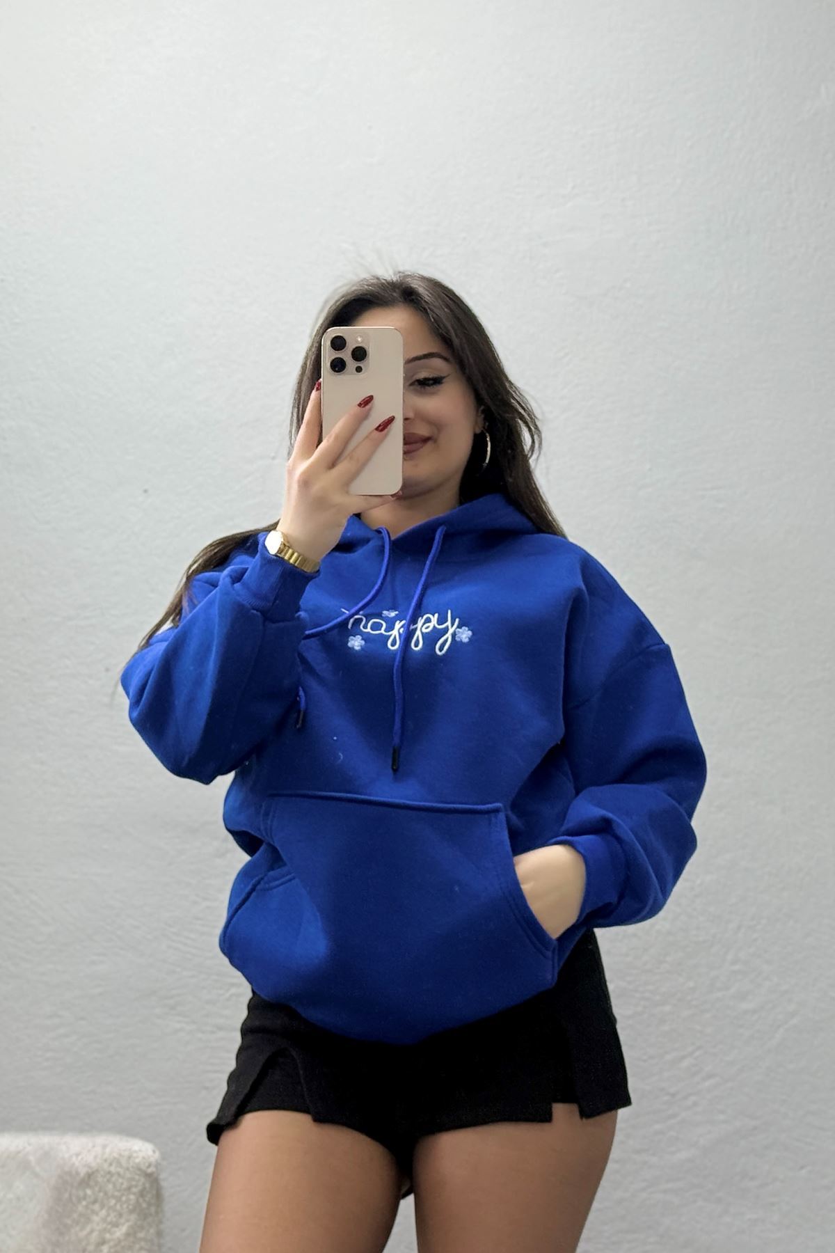 3 İplik Kapşonlu Nakışlı Sweat Saksbeyaz - 42219.1878.