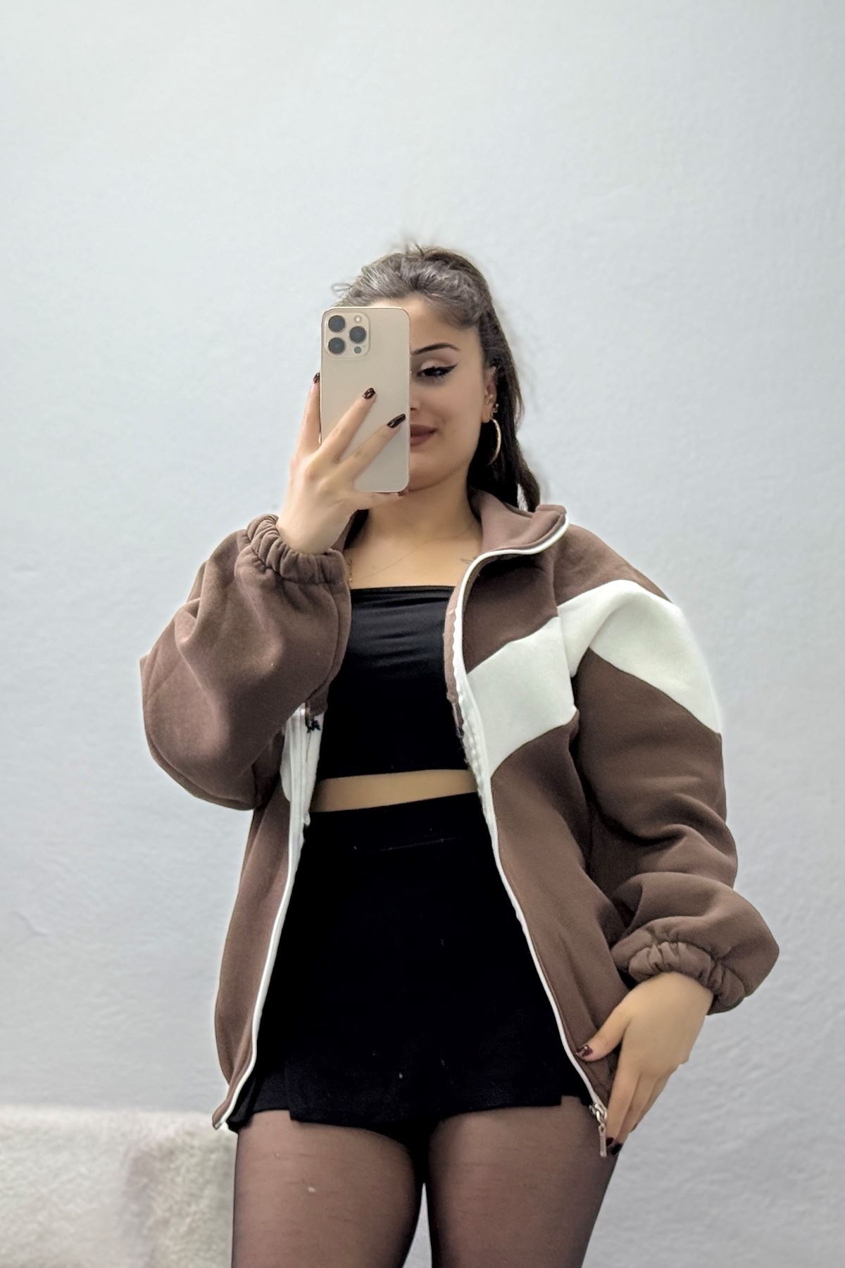 3 İplik Oversize Fermuarlı Sweat Kahveekru - 42504.1878.