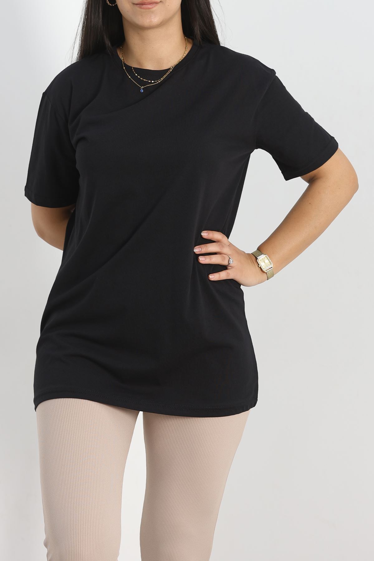 Büyük Beden Bisiklet Yaka Lüks Penye Tişört Siyah - 80666.1878.