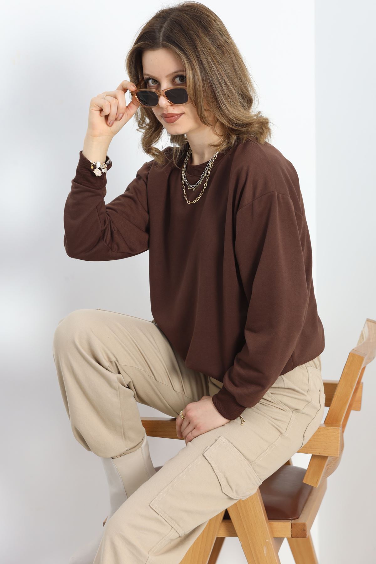 2 İp Bisiklet Yaka Sweat Kahve - 20790.1878.