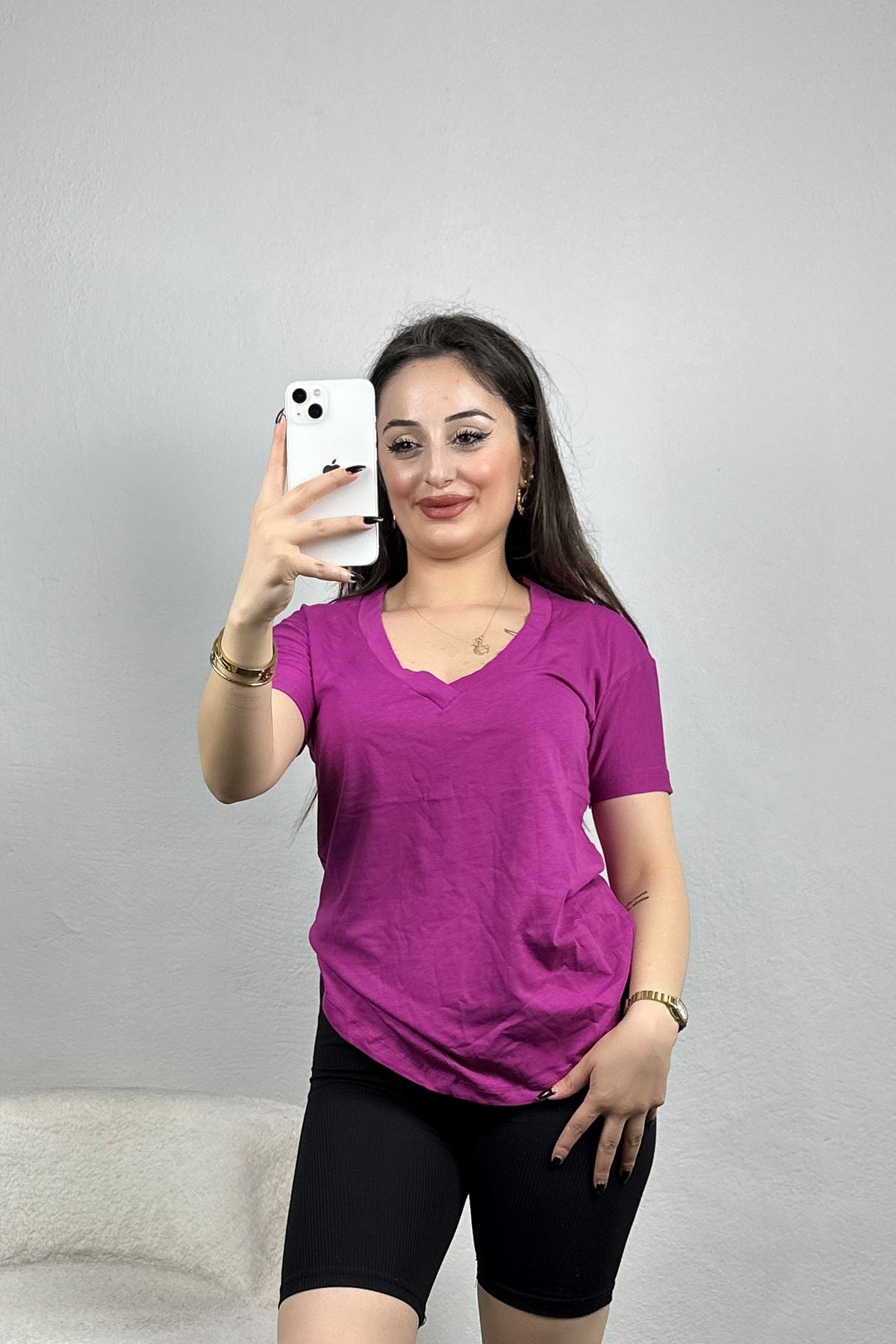 V Yaka Kompak Lüx Penye Tişört Mor - 4001.1878.