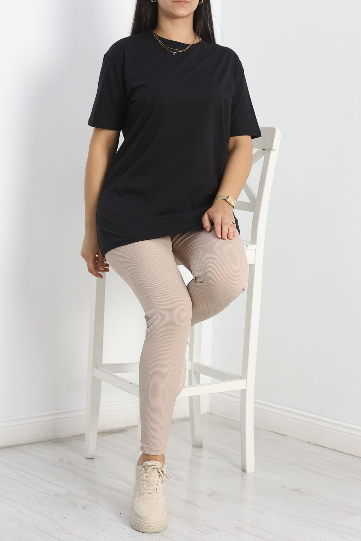 Büyük Beden Bisiklet Yaka Lüks Penye Tişört Siyah - 80666.1878.