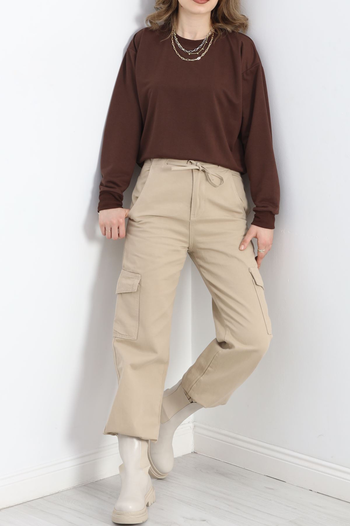 2 İp Bisiklet Yaka Sweat Kahve - 20790.1878.