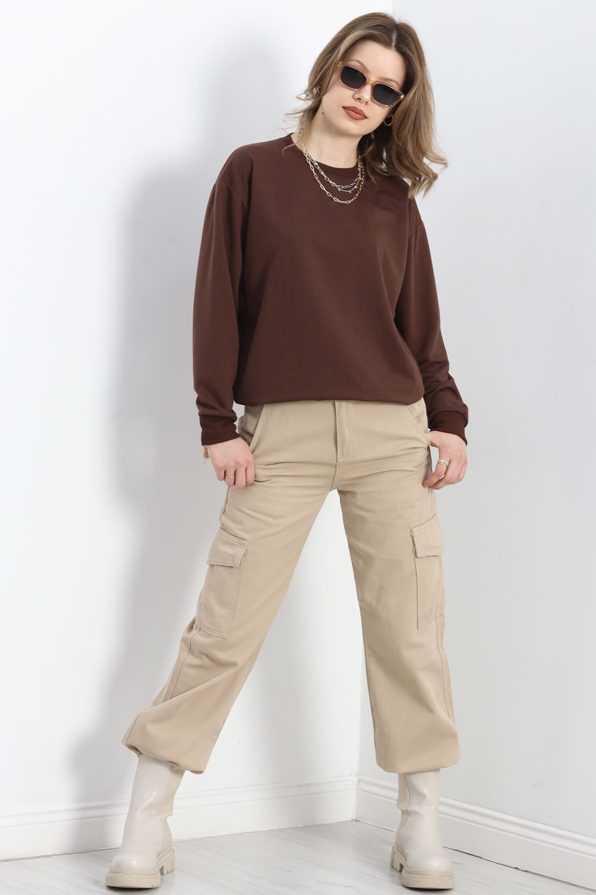 2 İp Bisiklet Yaka Sweat Kahve - 20790.1878.