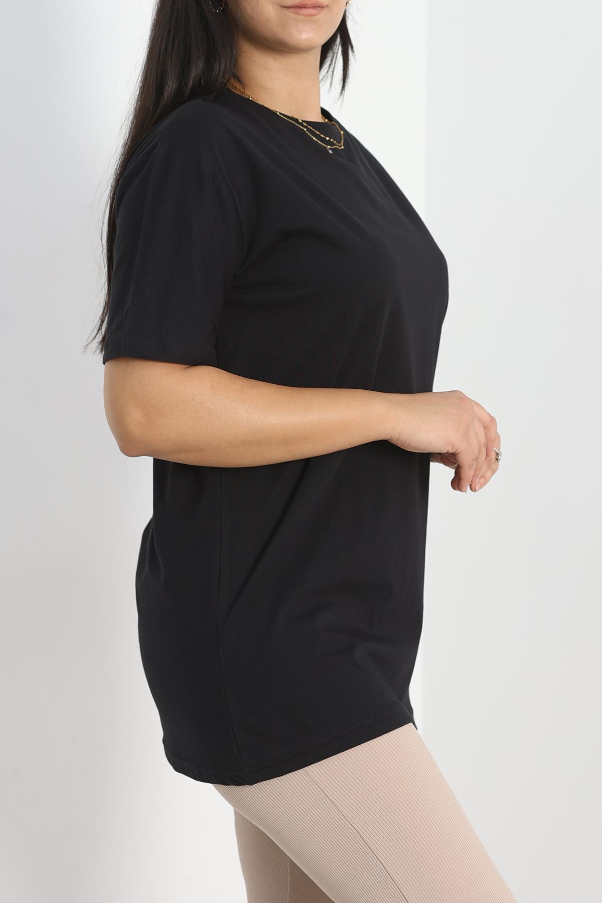 Büyük Beden Bisiklet Yaka Lüks Penye Tişört Siyah - 80666.1878.