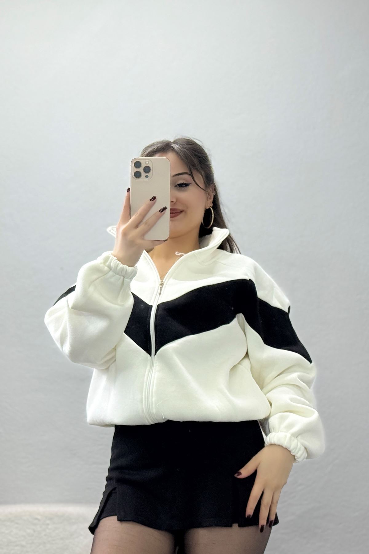 3 İplik Oversize Fermuarlı Sweat Ekrusiyah - 42504.1878.