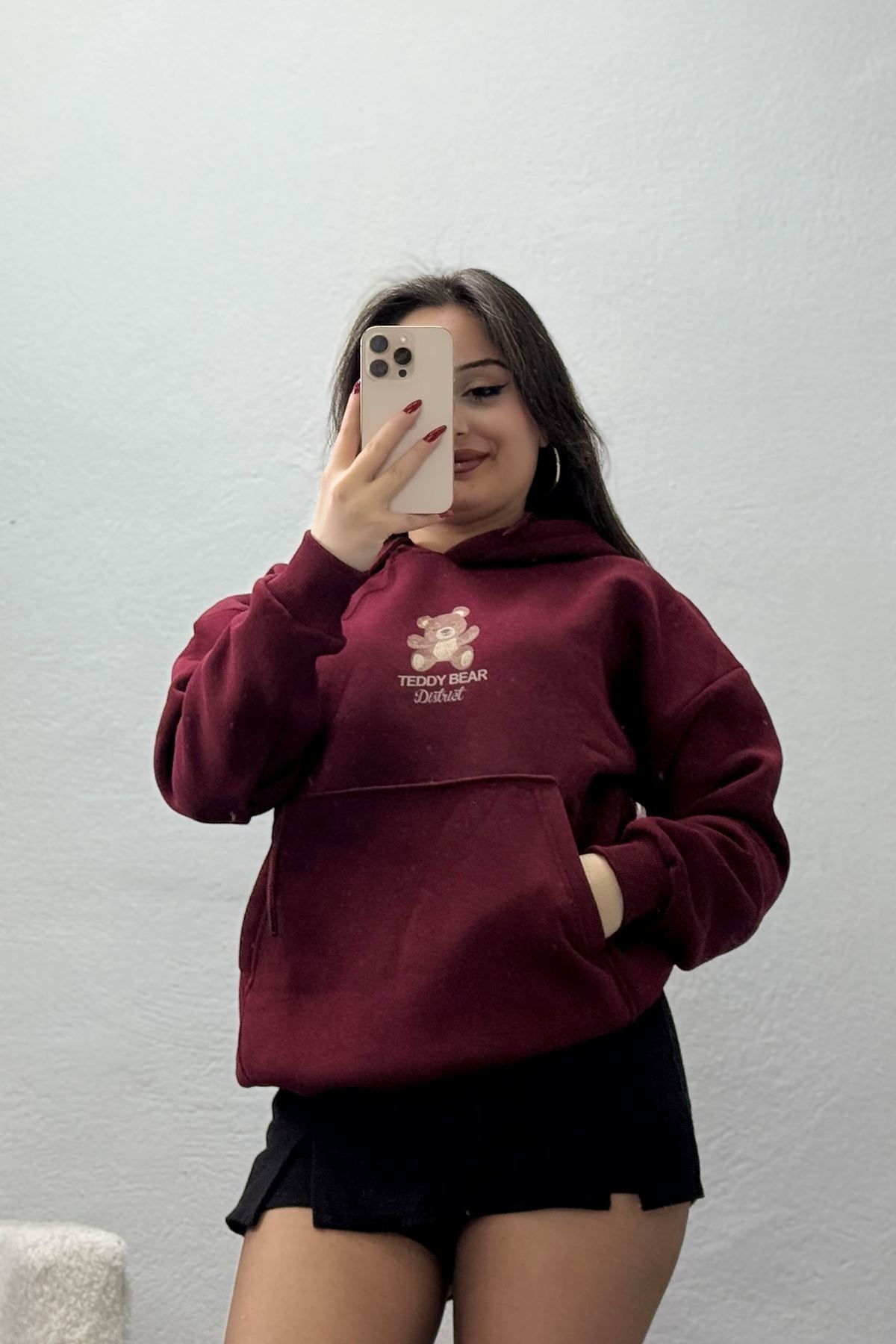 3 İplik Kanguru Cepli Kapşonlu Sweat Bordo - 42254.1878.