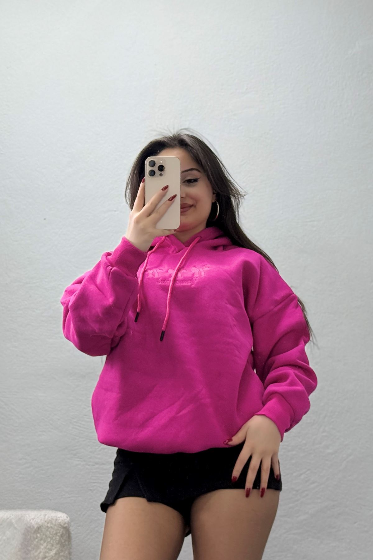 3 İplik Kapşonlu Nakışlı Sweat Fuşyapudra - 42219.1878.