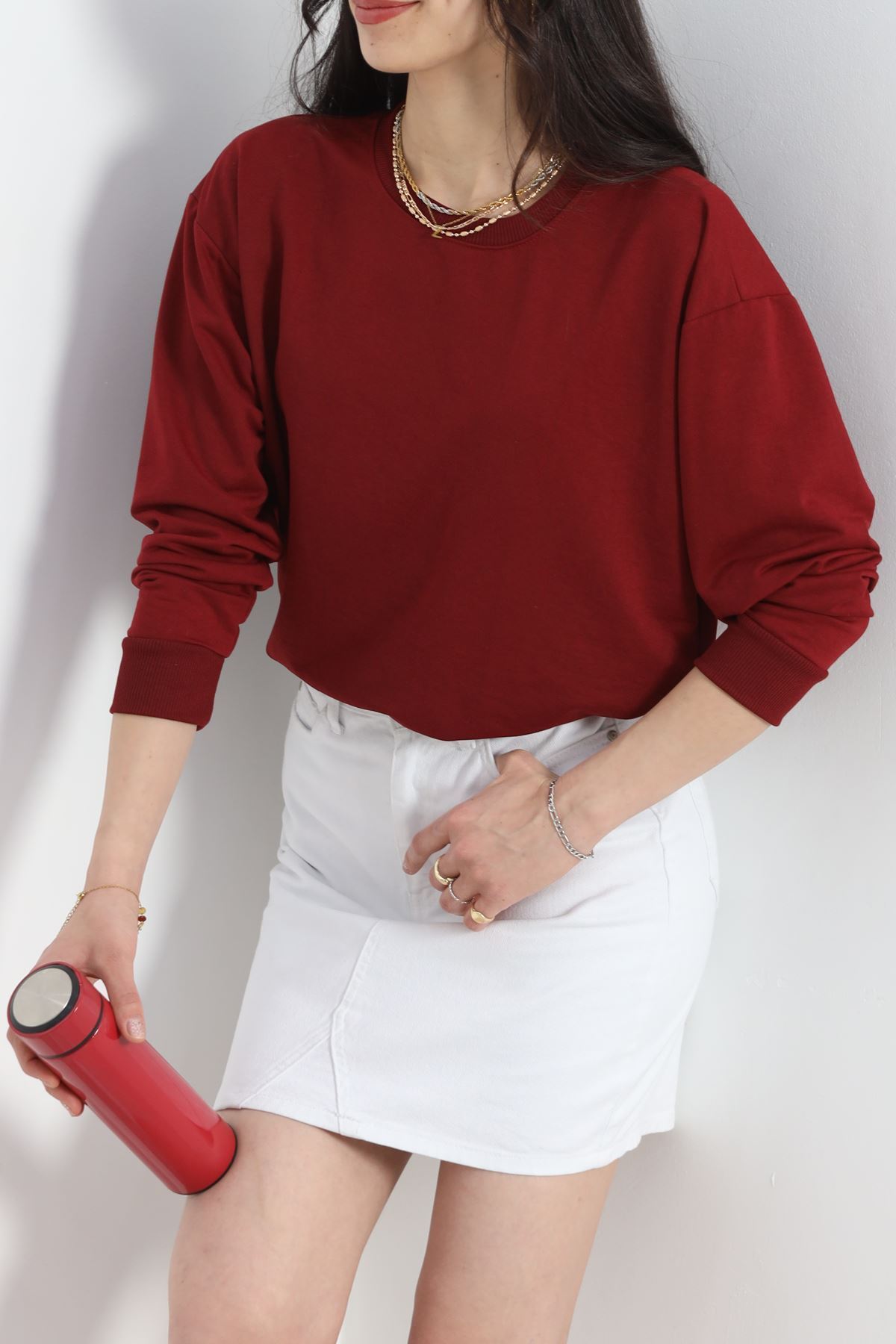 2 İp Bisiklet Yaka Sweat Bordo - 20790.1878.