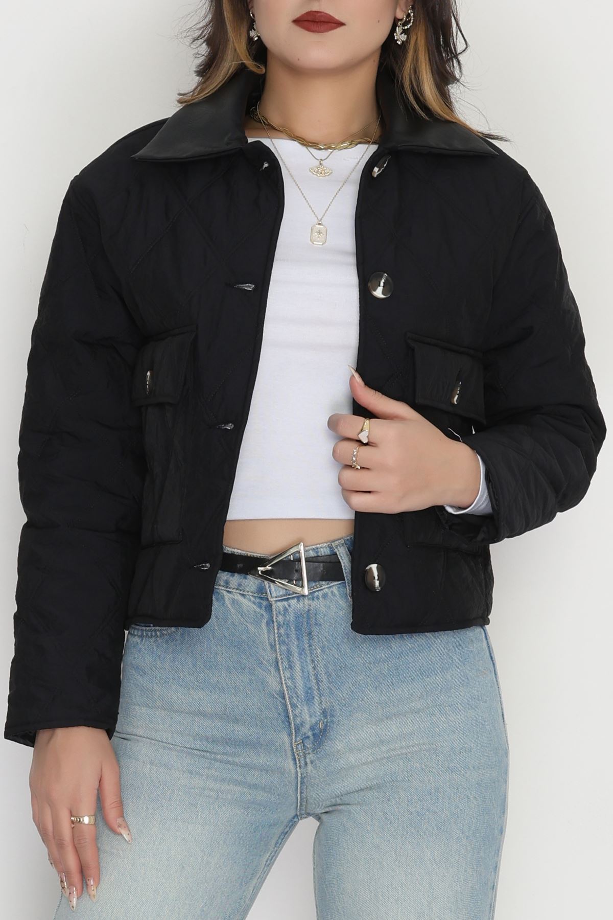 Deri Yaka Astarlı Kapitone Mont Siyah - 31632.439.