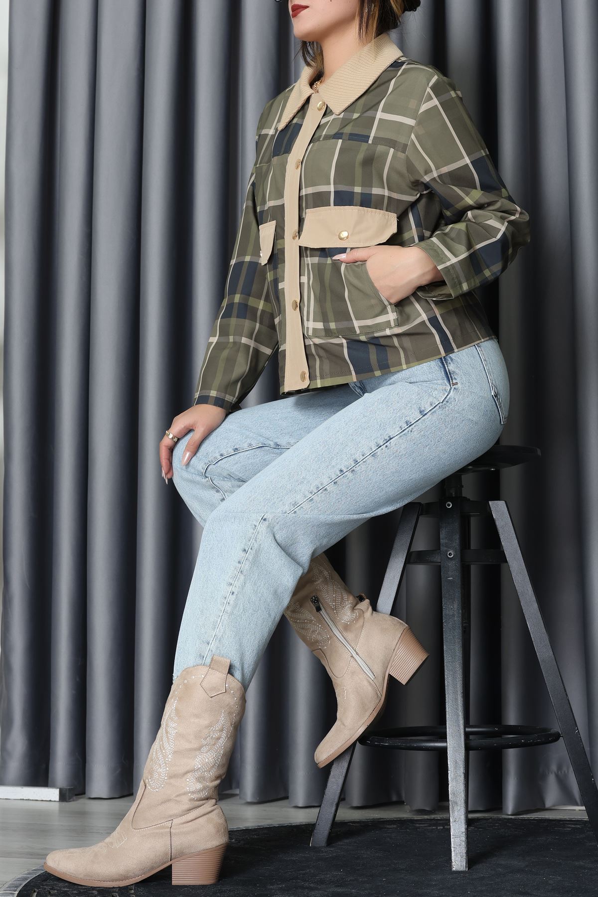 Yaka Detay Ekose Ceket Zümrüt - 7604.2122.