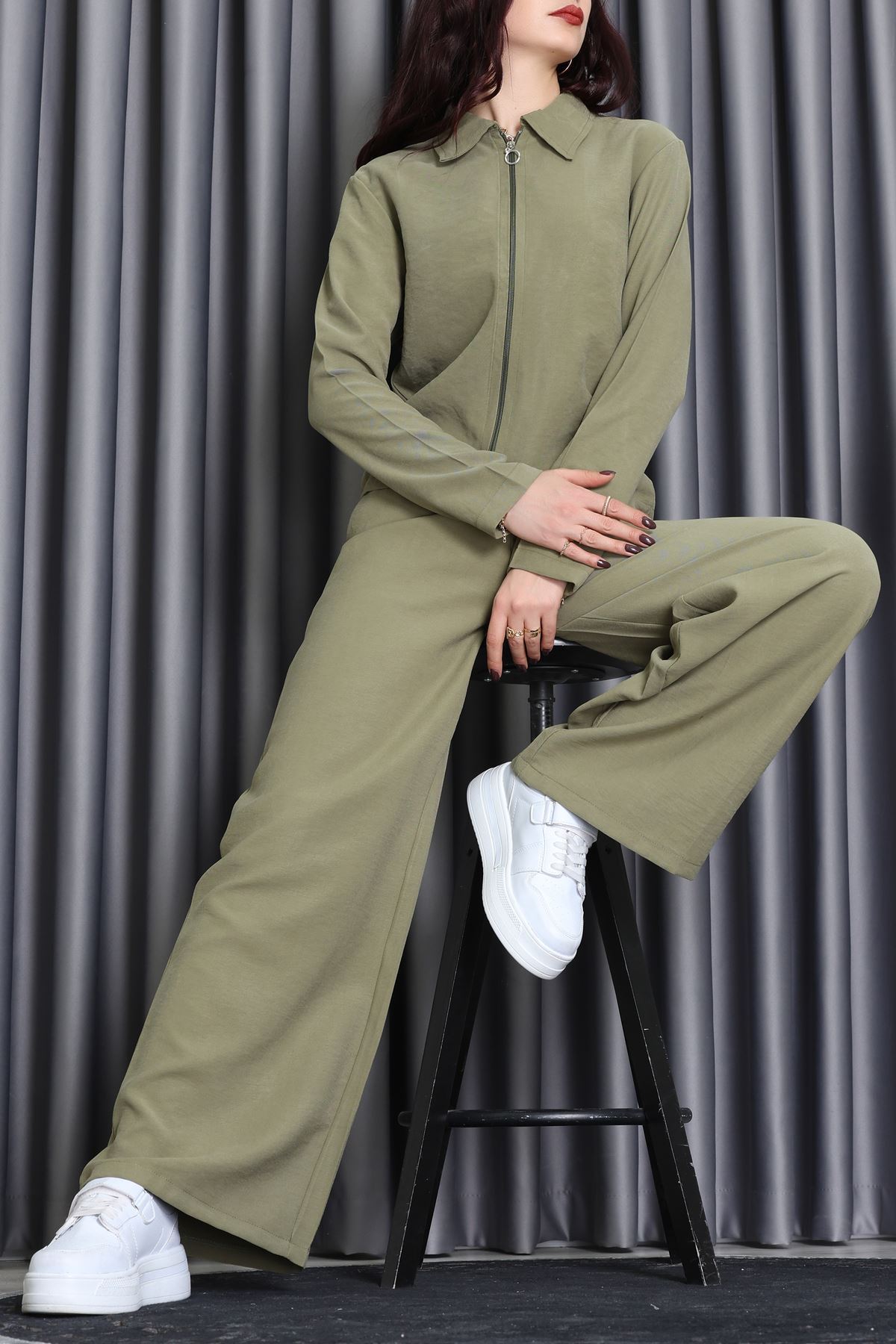 Soft Touch Dokuma Modal Fermuarlı İkili Takım Haki - 55012.1837.