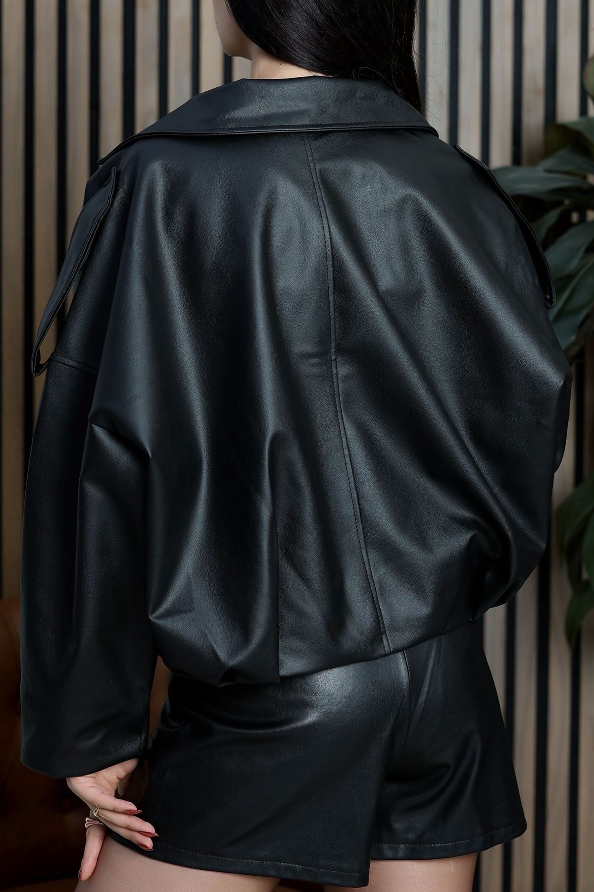 Oversize Balon Deri Ceket Siyah - 2020.2089.