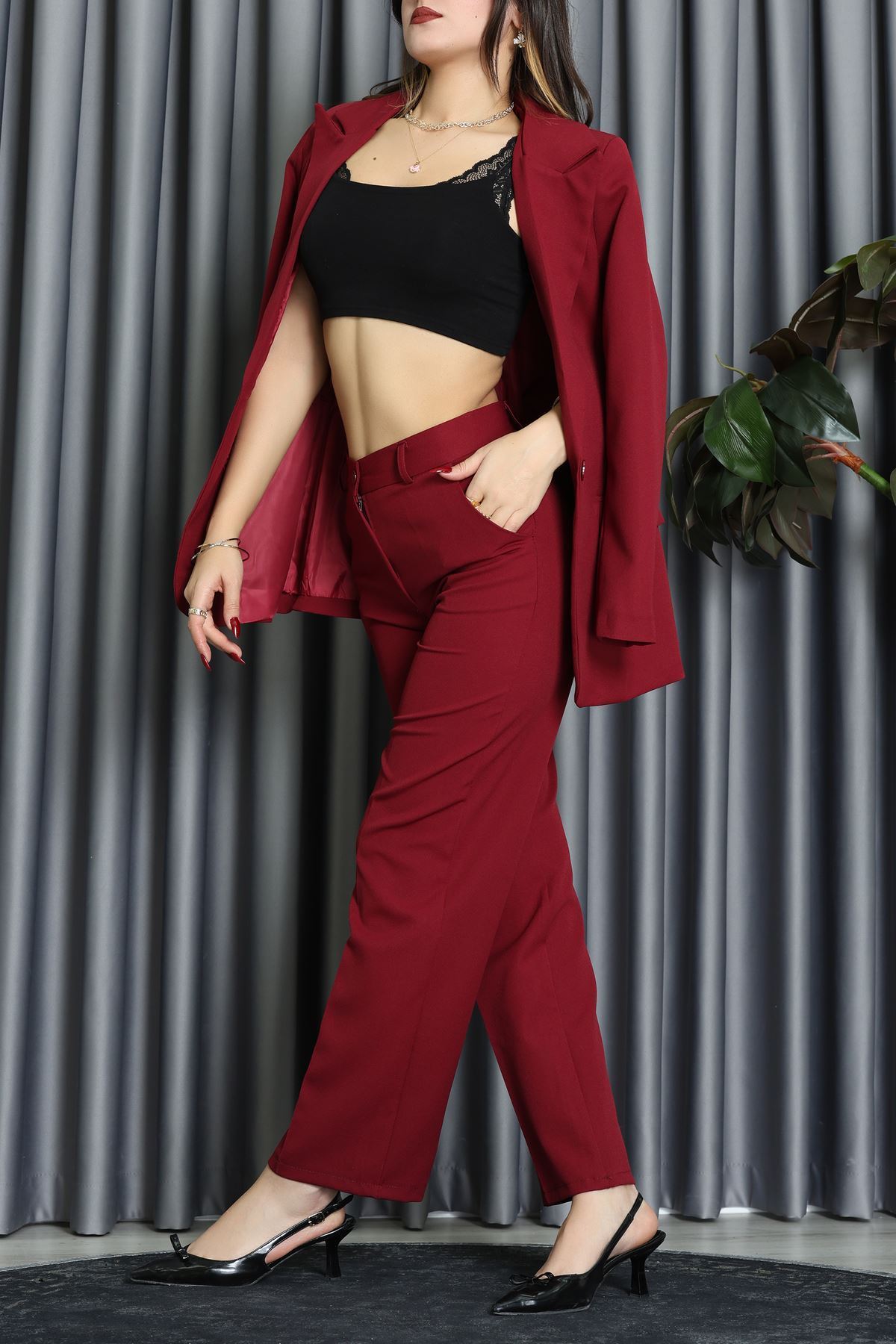 Dabıl Kumaş Astarlı İkili Blazer Takım Bordo - 55041.1397.