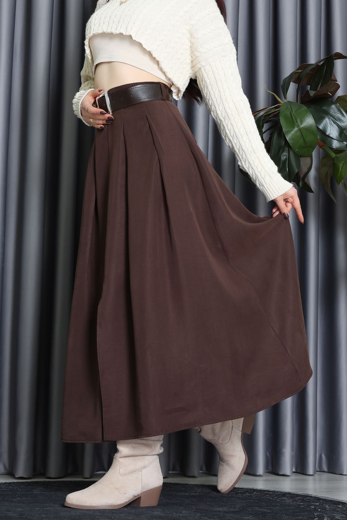 Pileli Kemerli Midi Etek Kahve - 70999.1934.