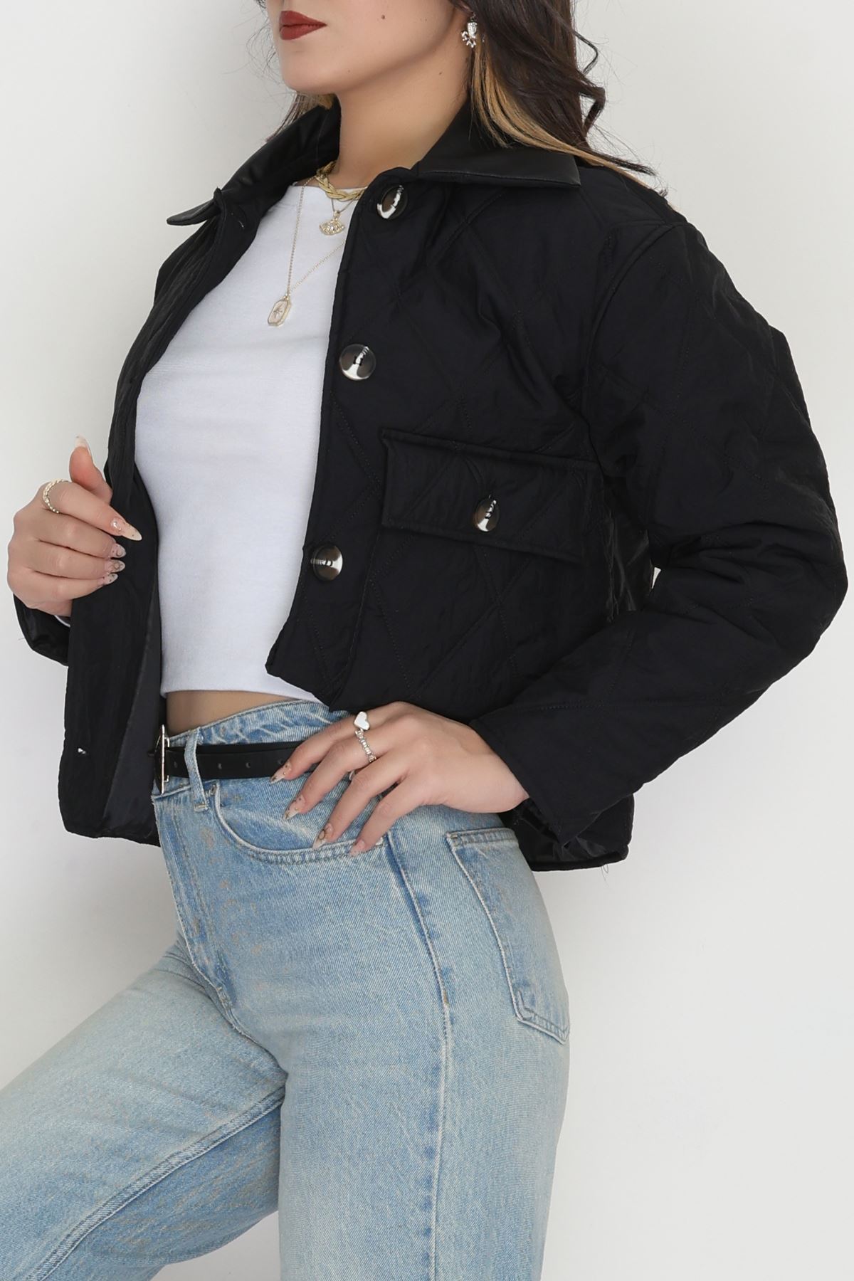 Deri Yaka Astarlı Kapitone Mont Siyah - 31632.439.