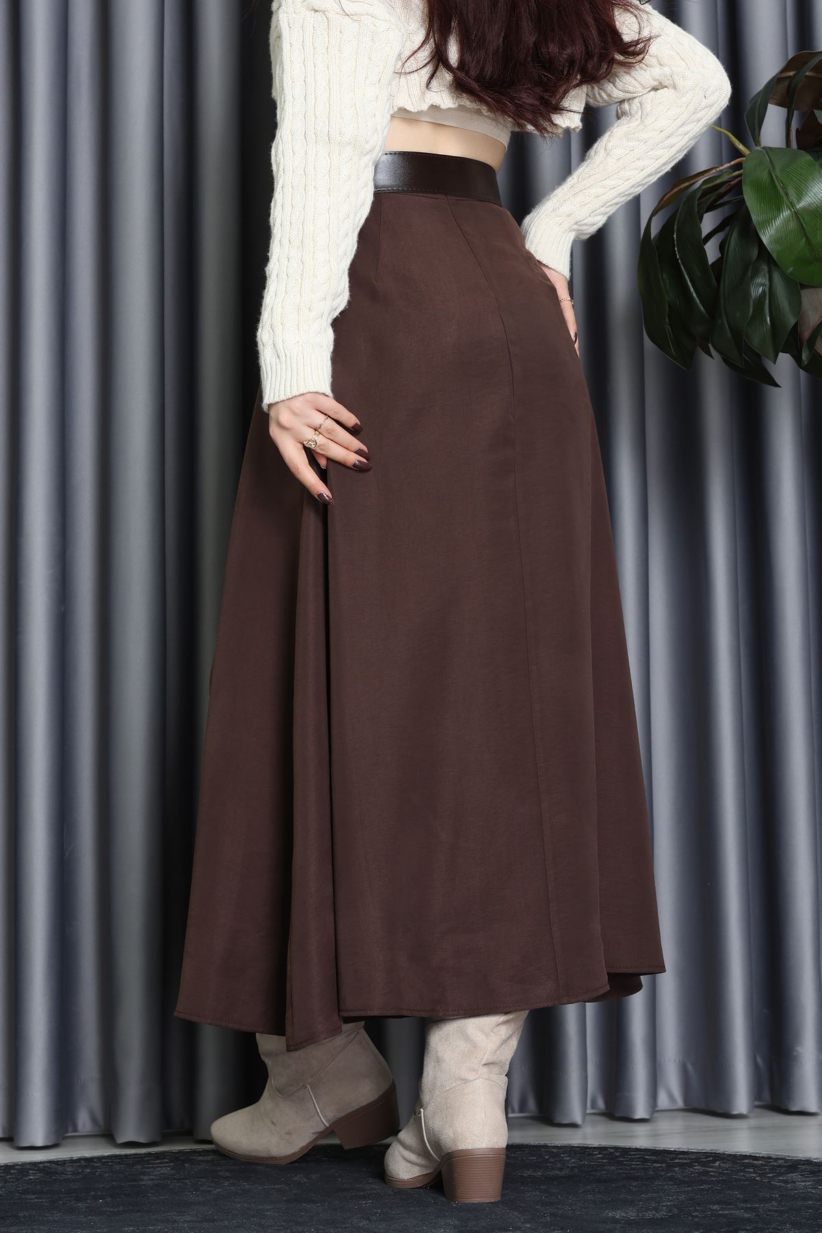 Pileli Kemerli Midi Etek Kahve - 70999.1934.