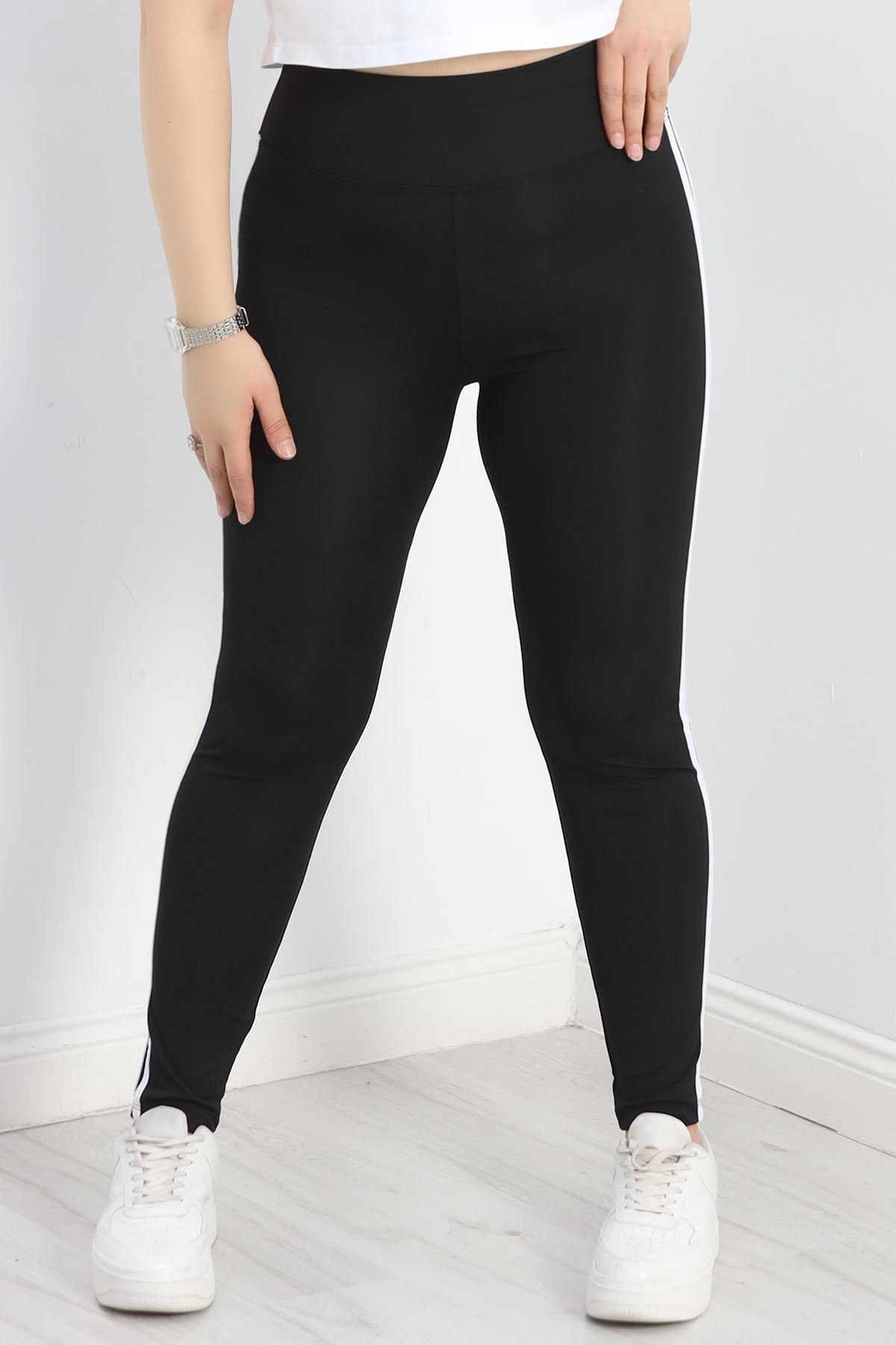 Şeritli Battal Geniş Kemer Tayt Siyah - 50125.1098.