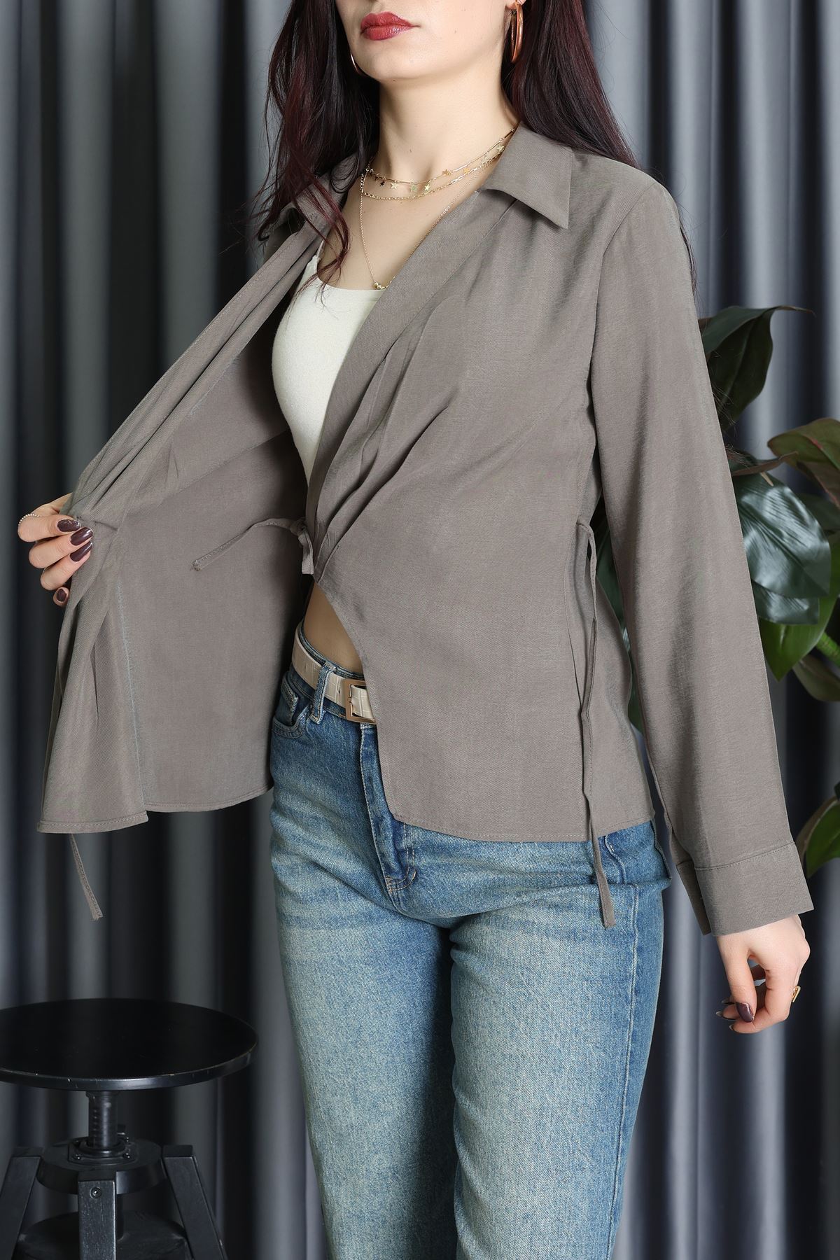 Diagonal Tensel Asimetrik Bağlamalı Bluz Vizon - 70996.1934.