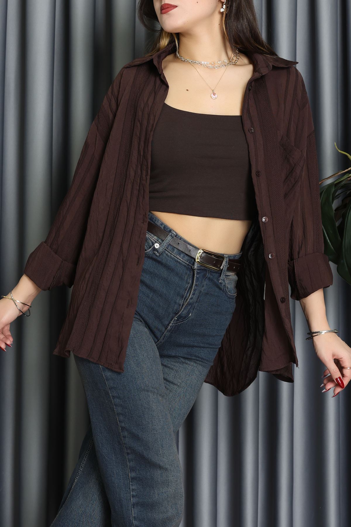 Geniş Çizgili Buklet Oversize Gömlek Kahve - 70995.1934.