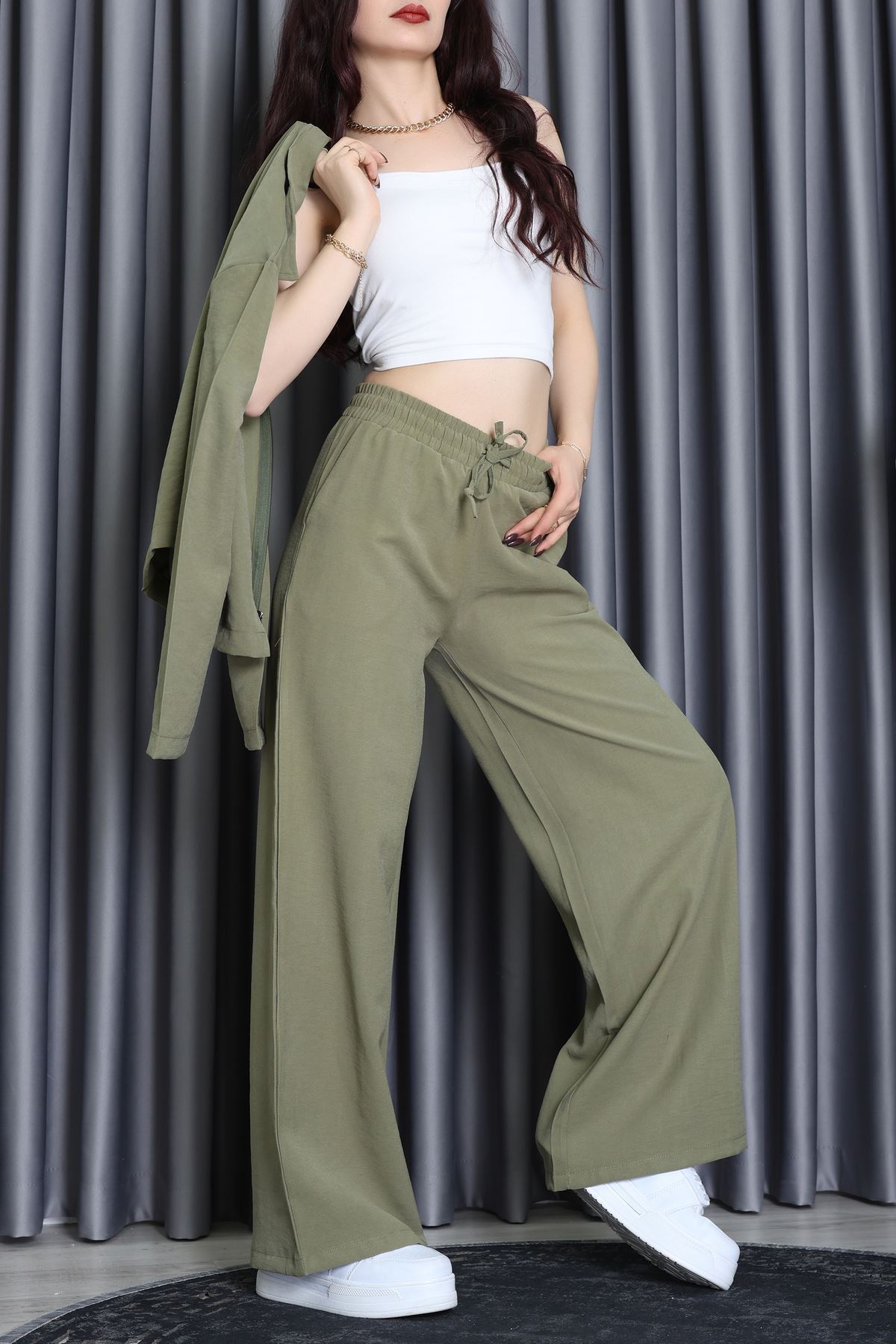 Soft Touch Dokuma Modal Fermuarlı İkili Takım Haki - 55012.1837.