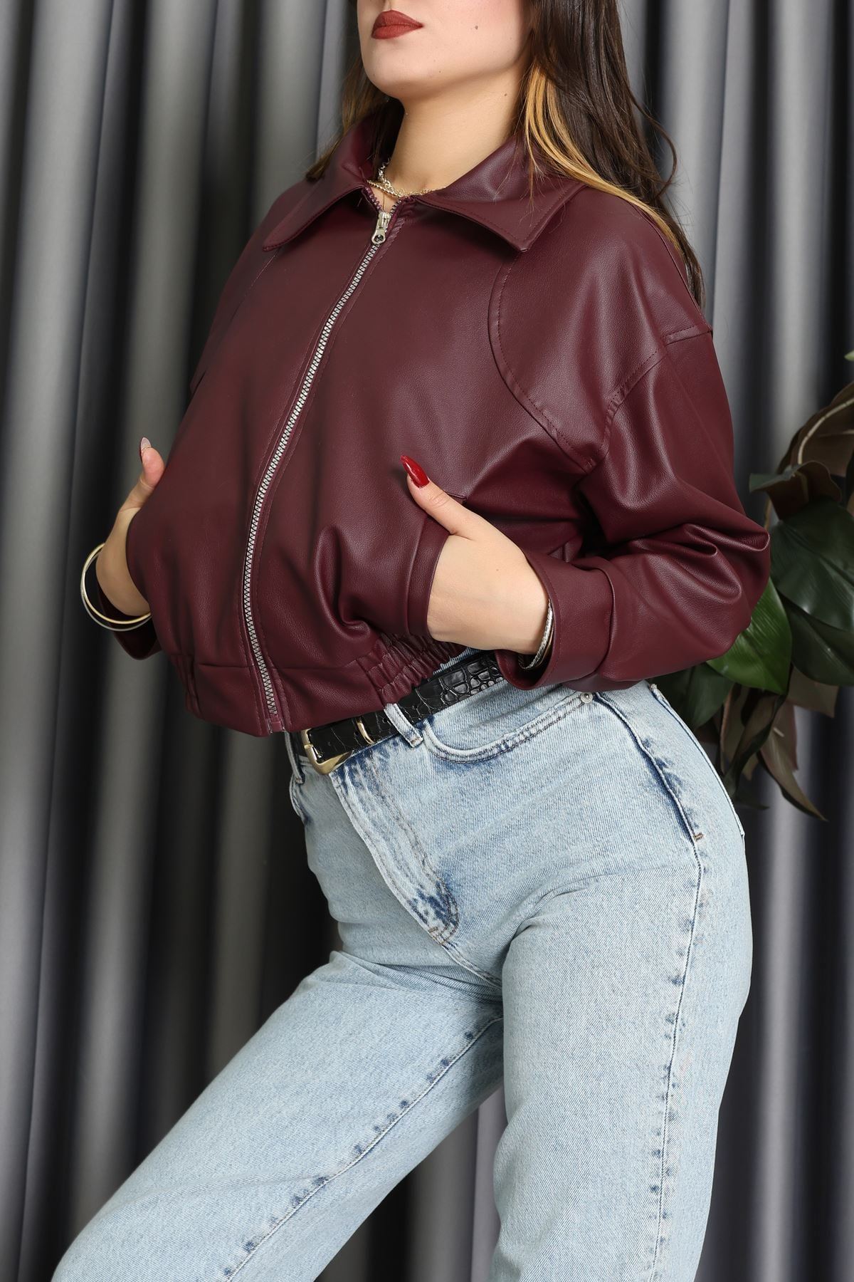 Beli Lastikli Deri Ceket Bordo - 31857.2089.