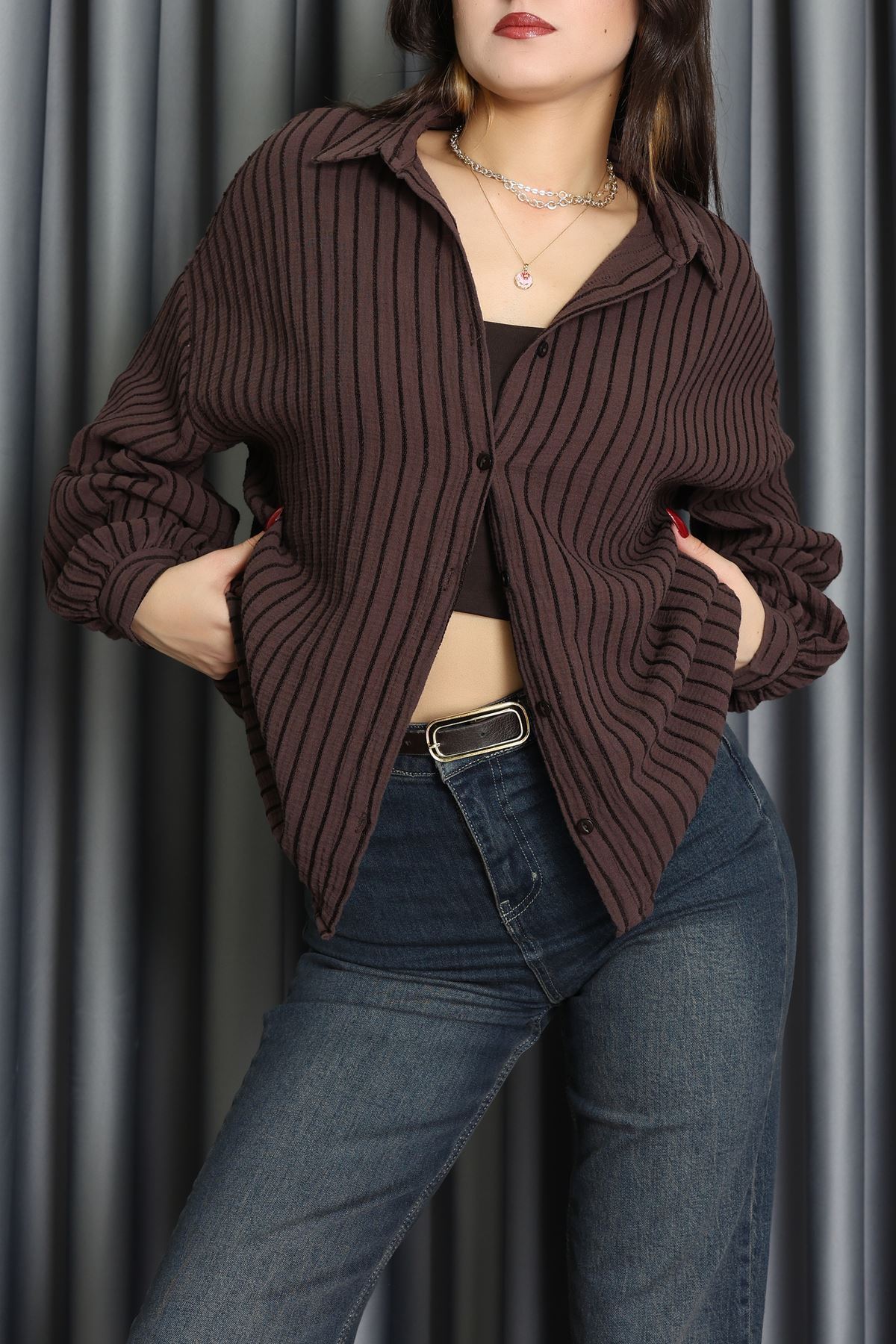 Armürlü Müslin Oversize Gömlek Kahve - 70994.1934.