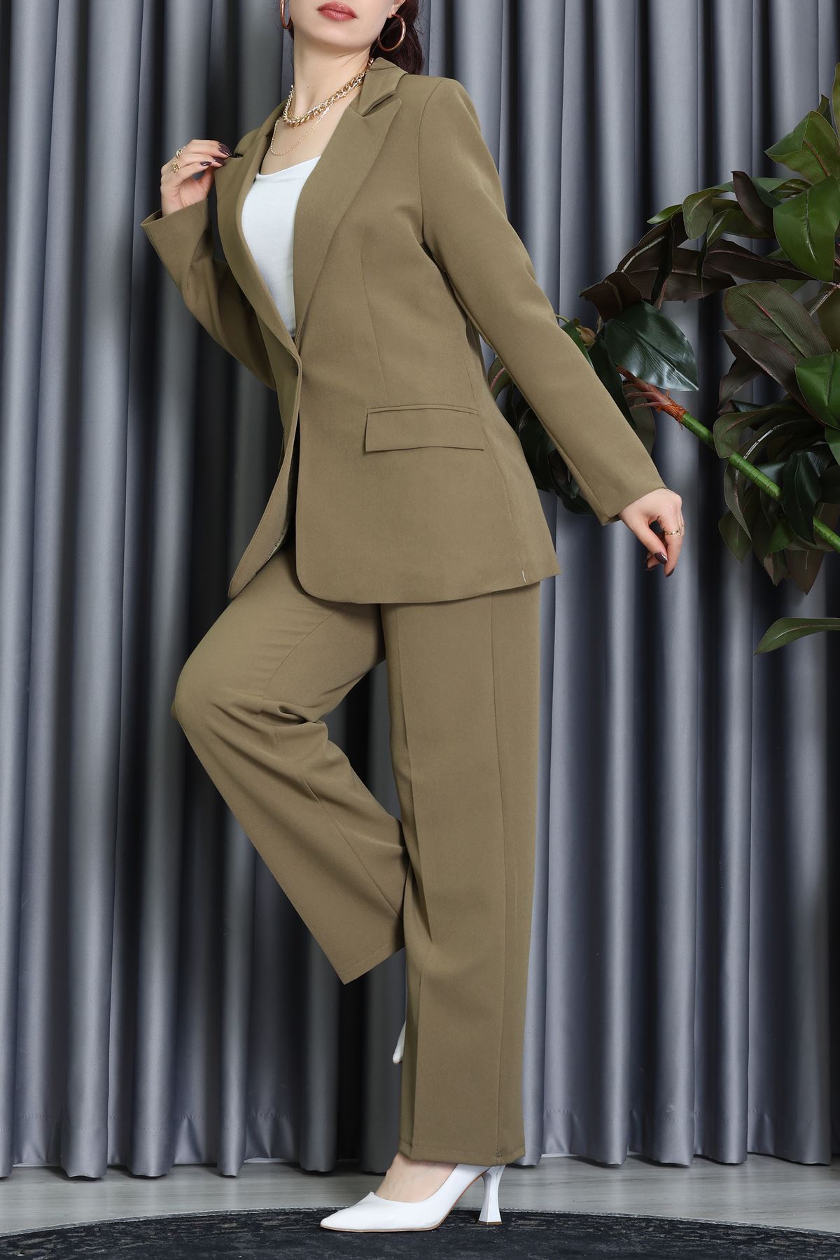 Dabıl Kumaş Astarlı İkili Blazer Takım Yağyeşili - 55041.1397.