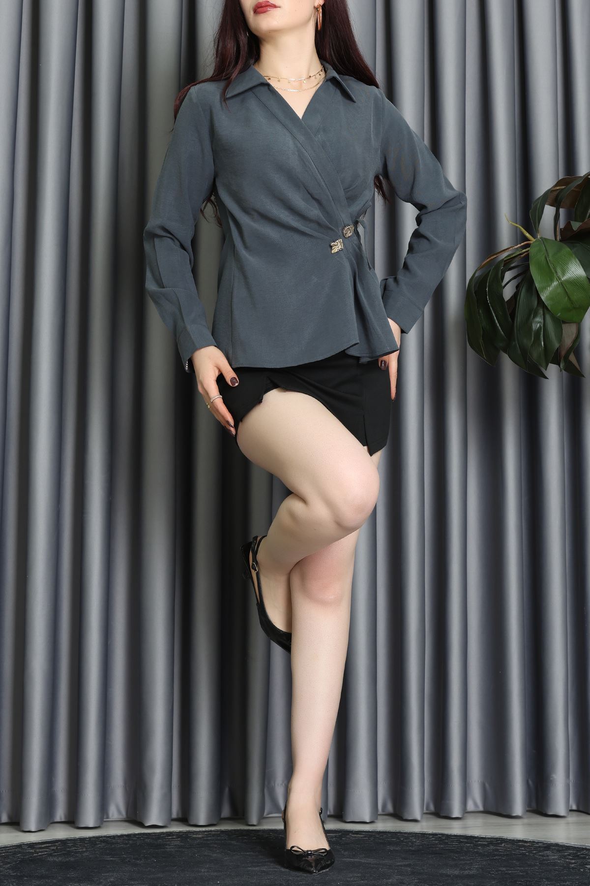 Diagonal Tensel Asimetrik Bağlamalı Bluz Antrasit - 70996.1934.