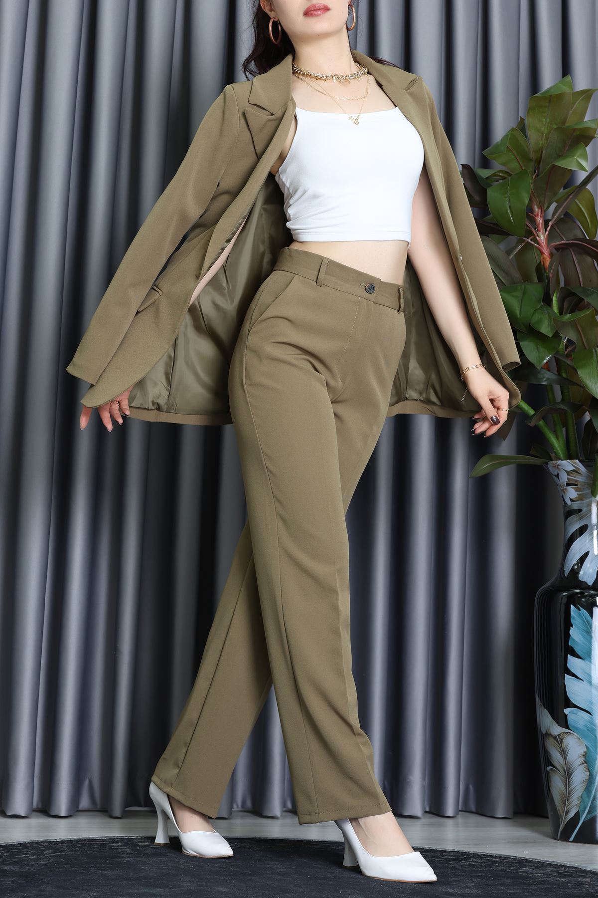 Dabıl Kumaş Astarlı İkili Blazer Takım Yağyeşili - 55041.1397.