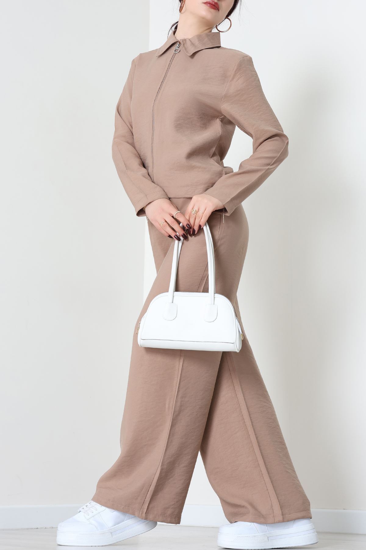 Soft Touch Dokuma Modal Fermuarlı İkili Takım Sütlükahve - 55012.1837.