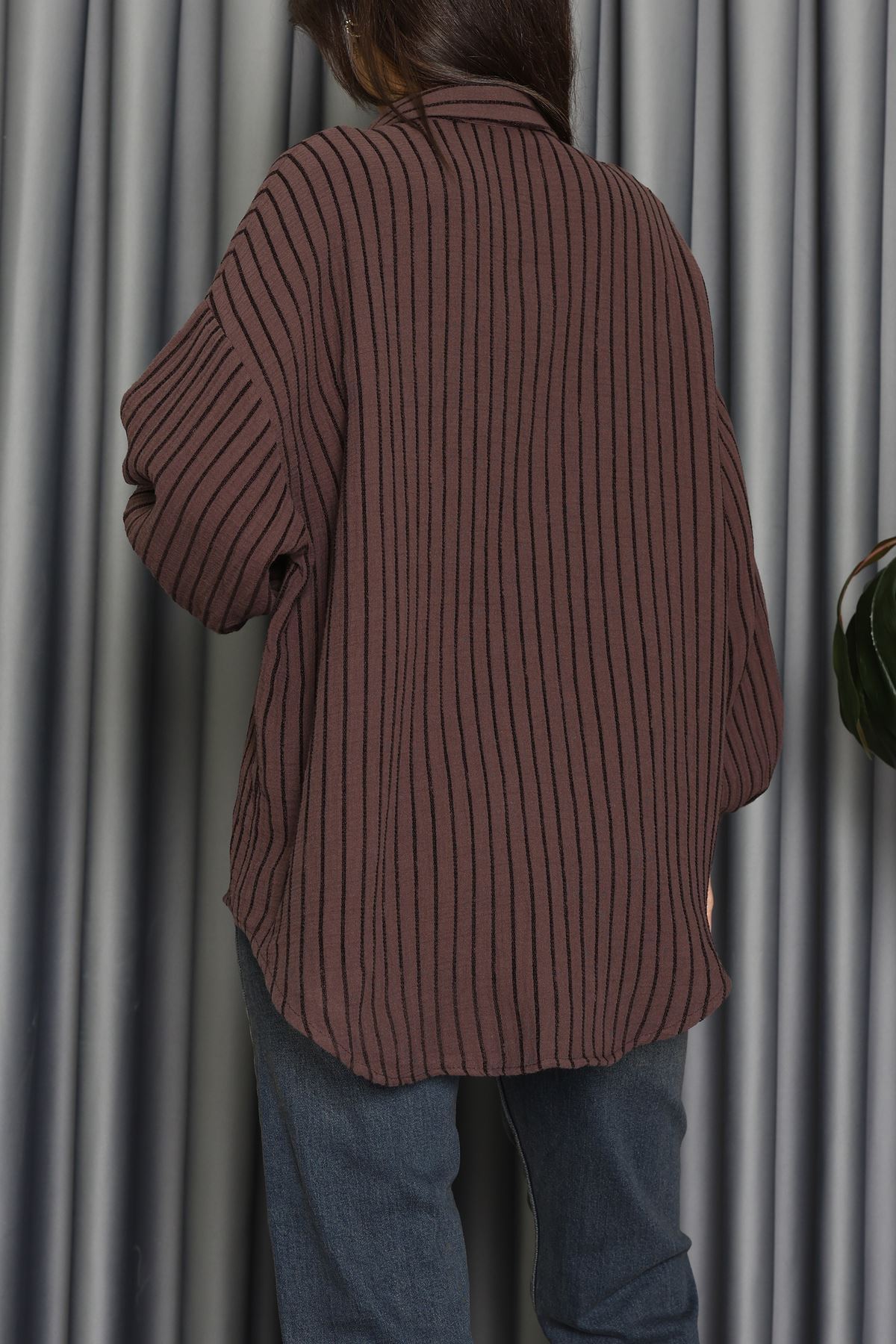 Armürlü Müslin Oversize Gömlek Kahve - 70994.1934.