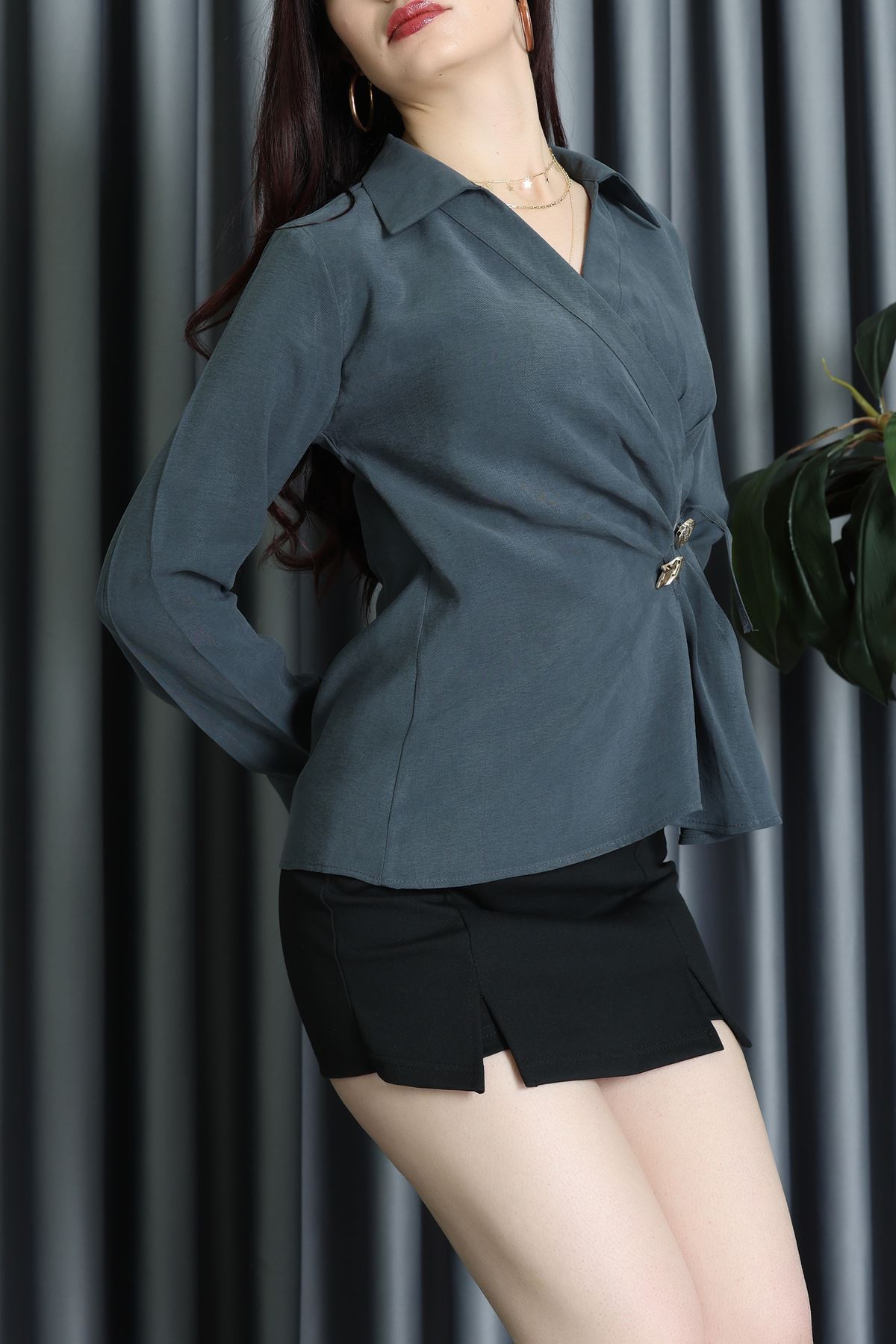 Diagonal Tensel Asimetrik Bağlamalı Bluz Antrasit - 70996.1934.