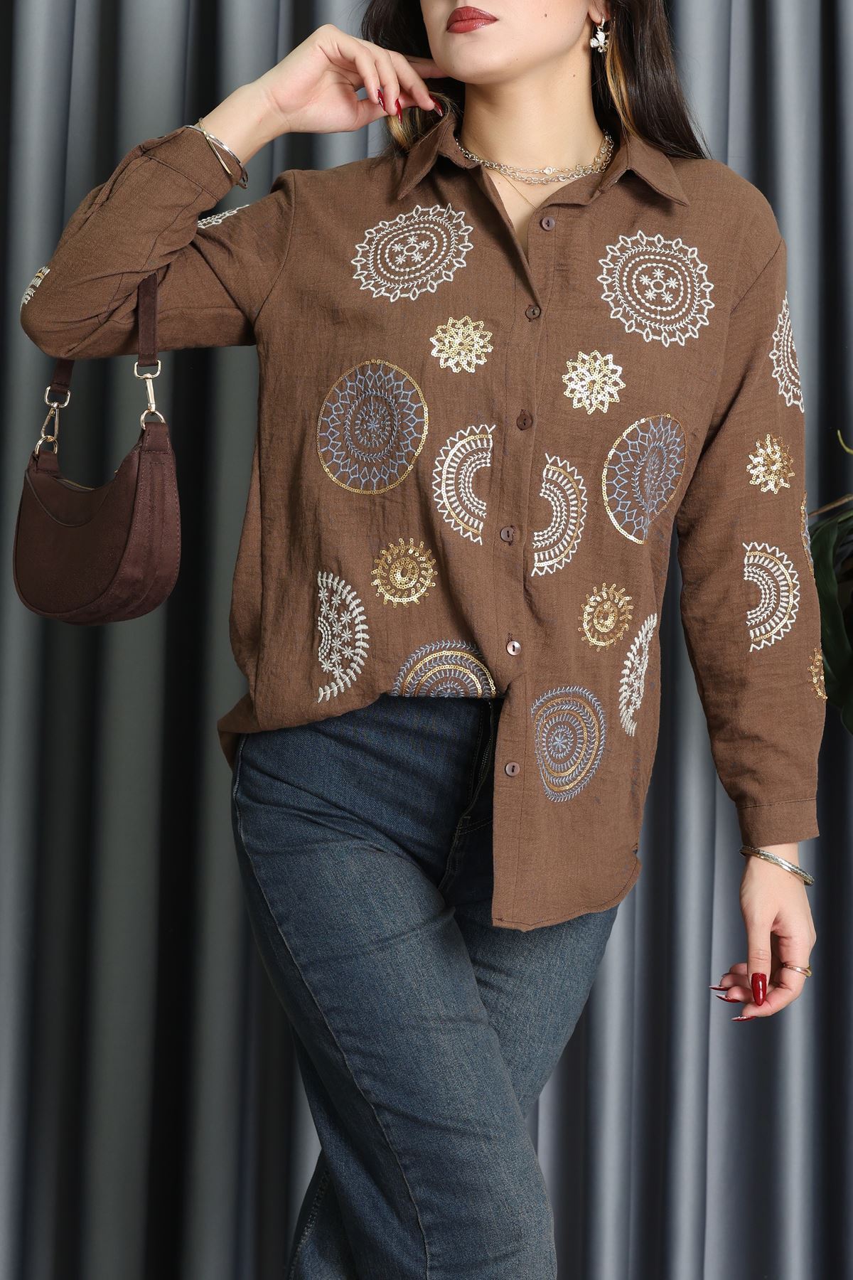 Keten Nakışlı Gömlek Kahve - 70998.1934.