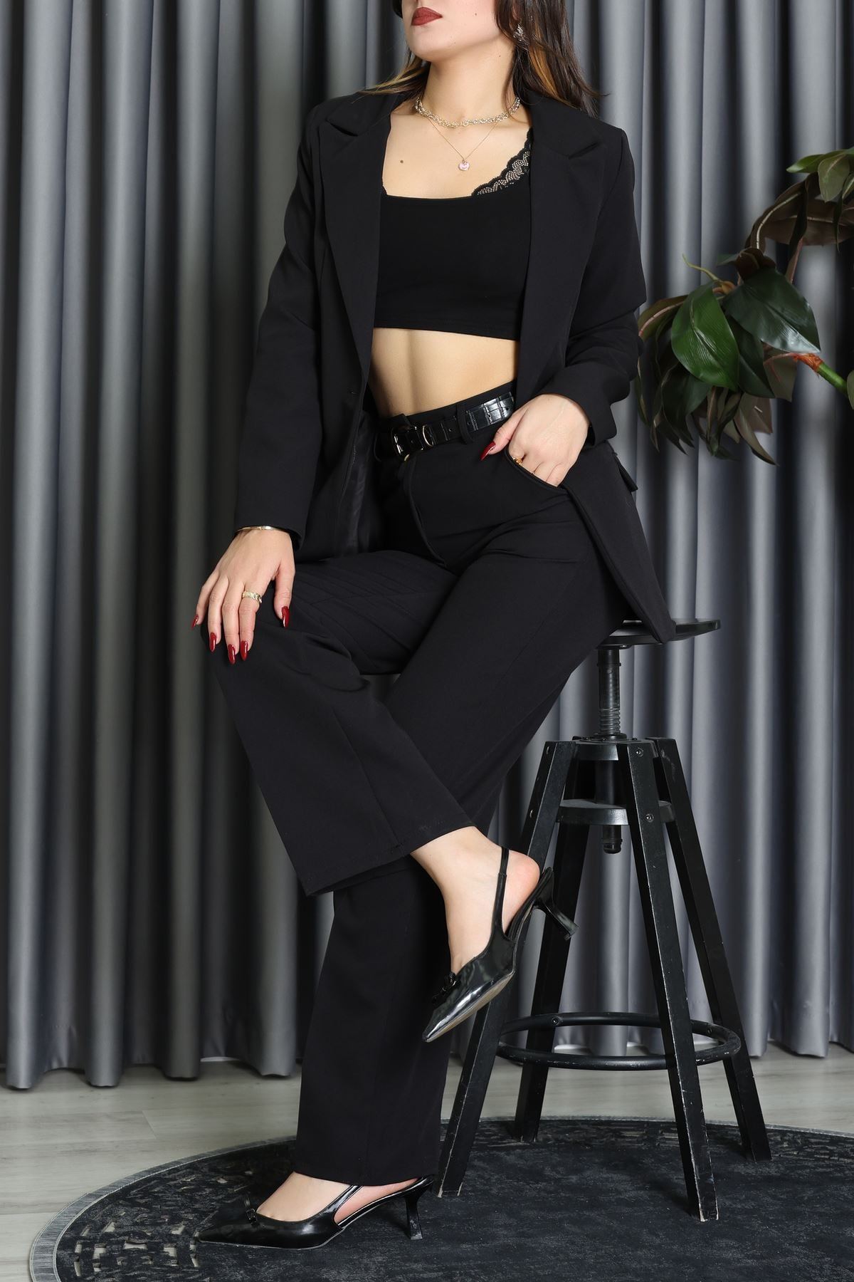 Dabıl Kumaş Astarlı İkili Blazer Takım Siyah - 55041.1397.