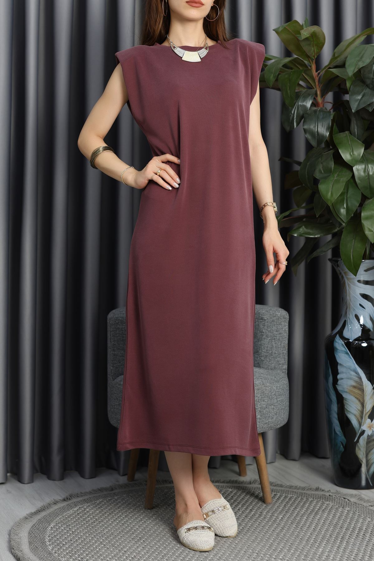 Pike Modal Vatkalı Elbise Bordo - 90066.1758.