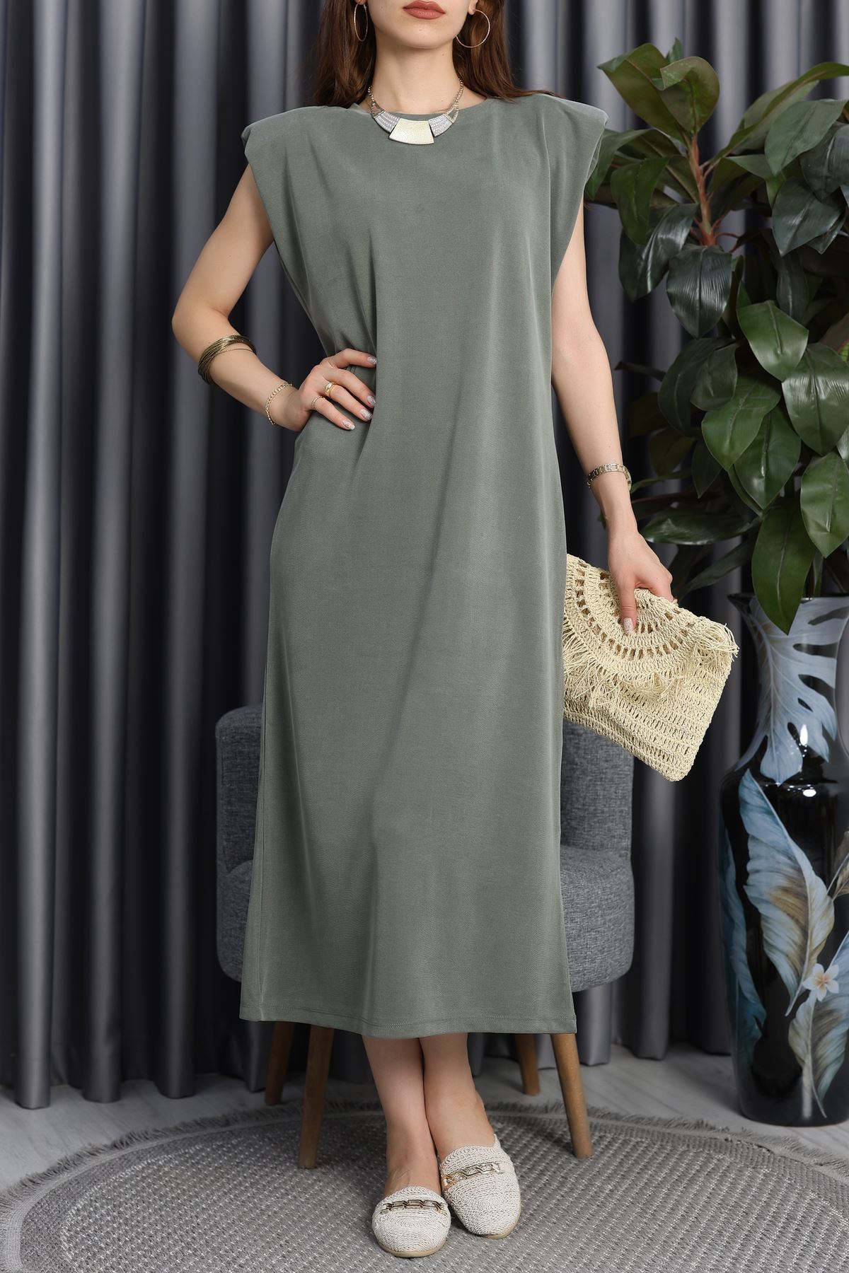 Pike Modal Vatkalı Elbise Haki - 90066.1758.