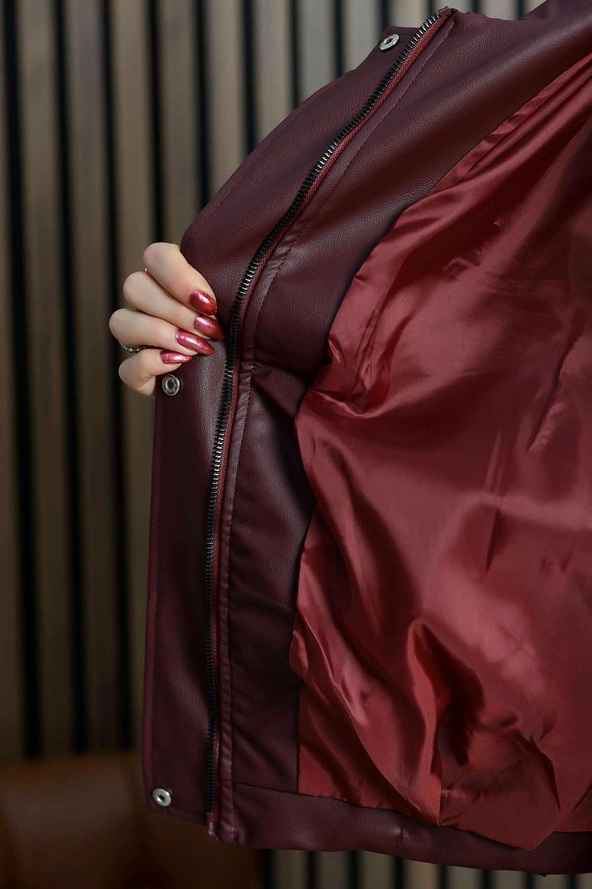 Oversize Balon Deri Ceket Bordo - 2020.2089.