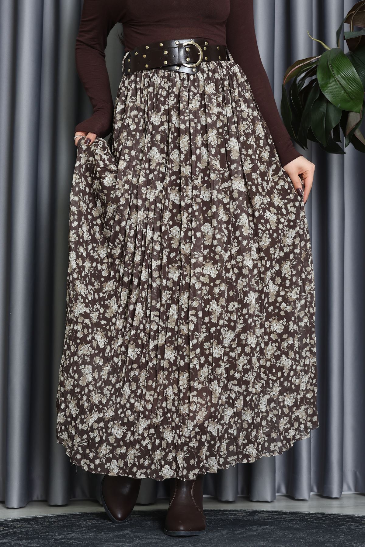 Kemerli Desenli Şifon Astarlı Etek Haki - 71001.1934.