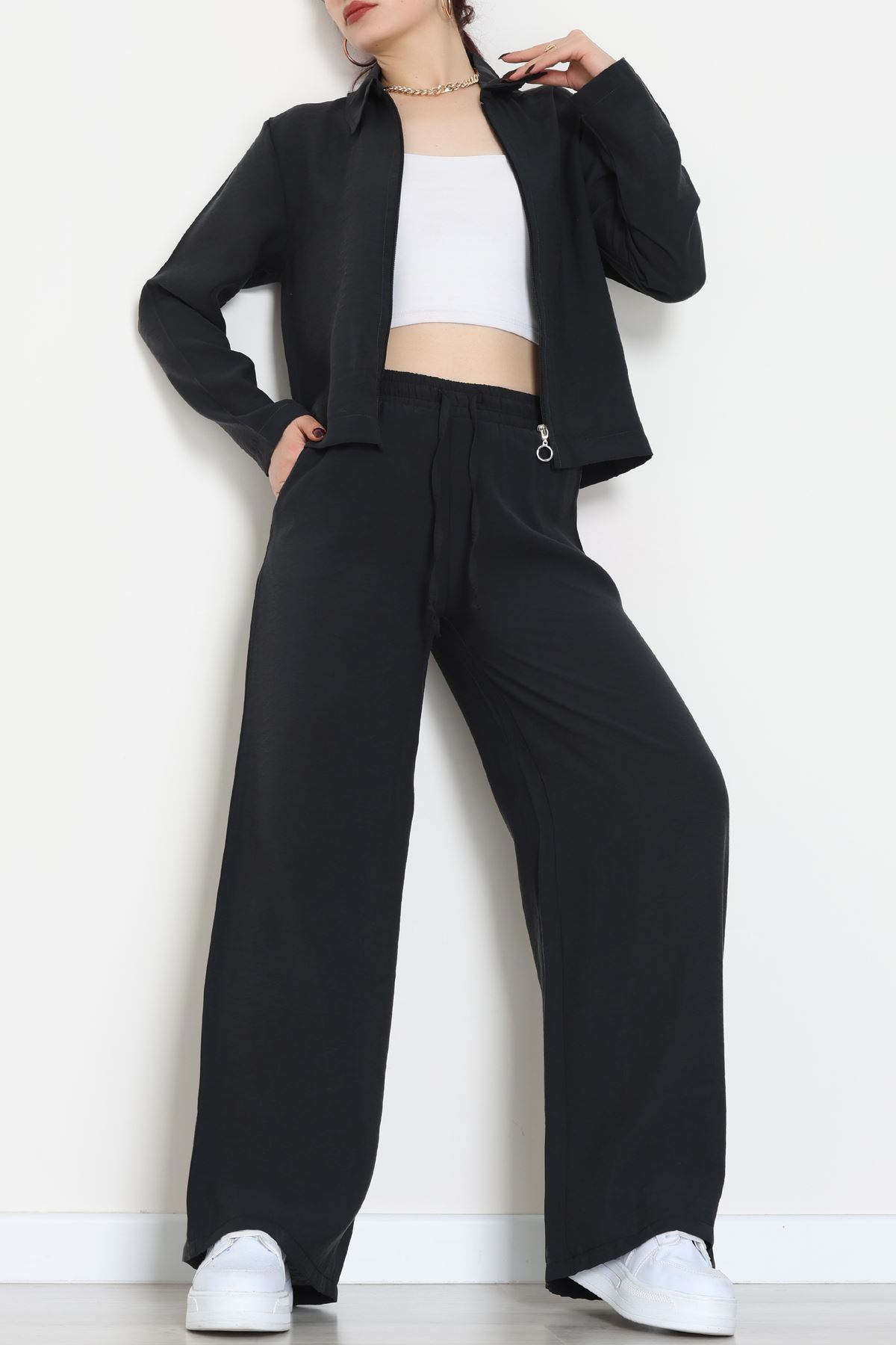 Soft Touch Dokuma Modal Fermuarlı İkili Takım Siyah - 55012.1837.